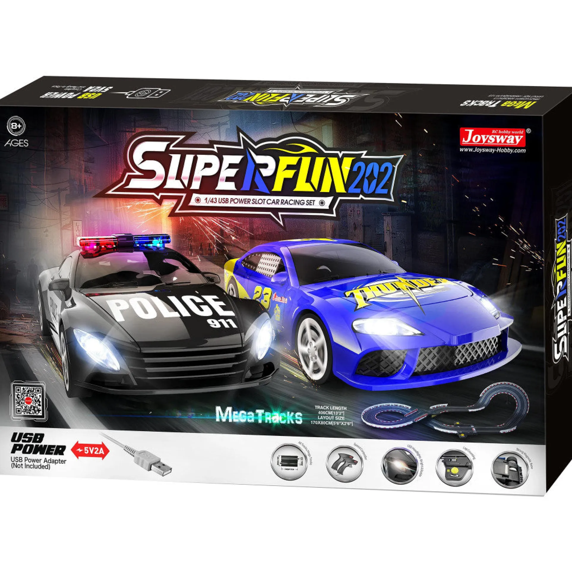 Joysway SuperFun 202 - 1/43 Scale USB-Powered Slot Car Racing Set with LED Headlights and Lap Counter