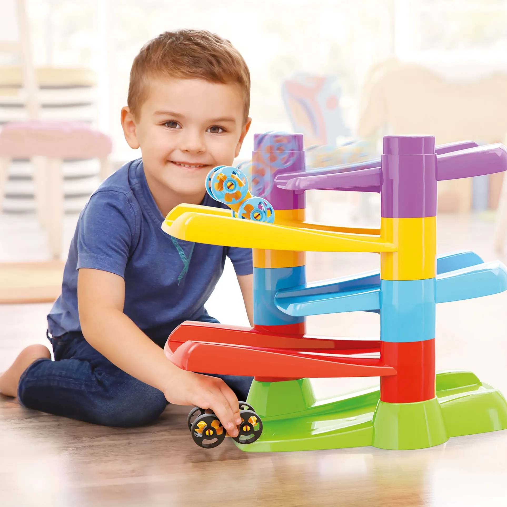 Quercetti Flip & Zoom Race Track with 2 Flipping Cars - Toddler Playset