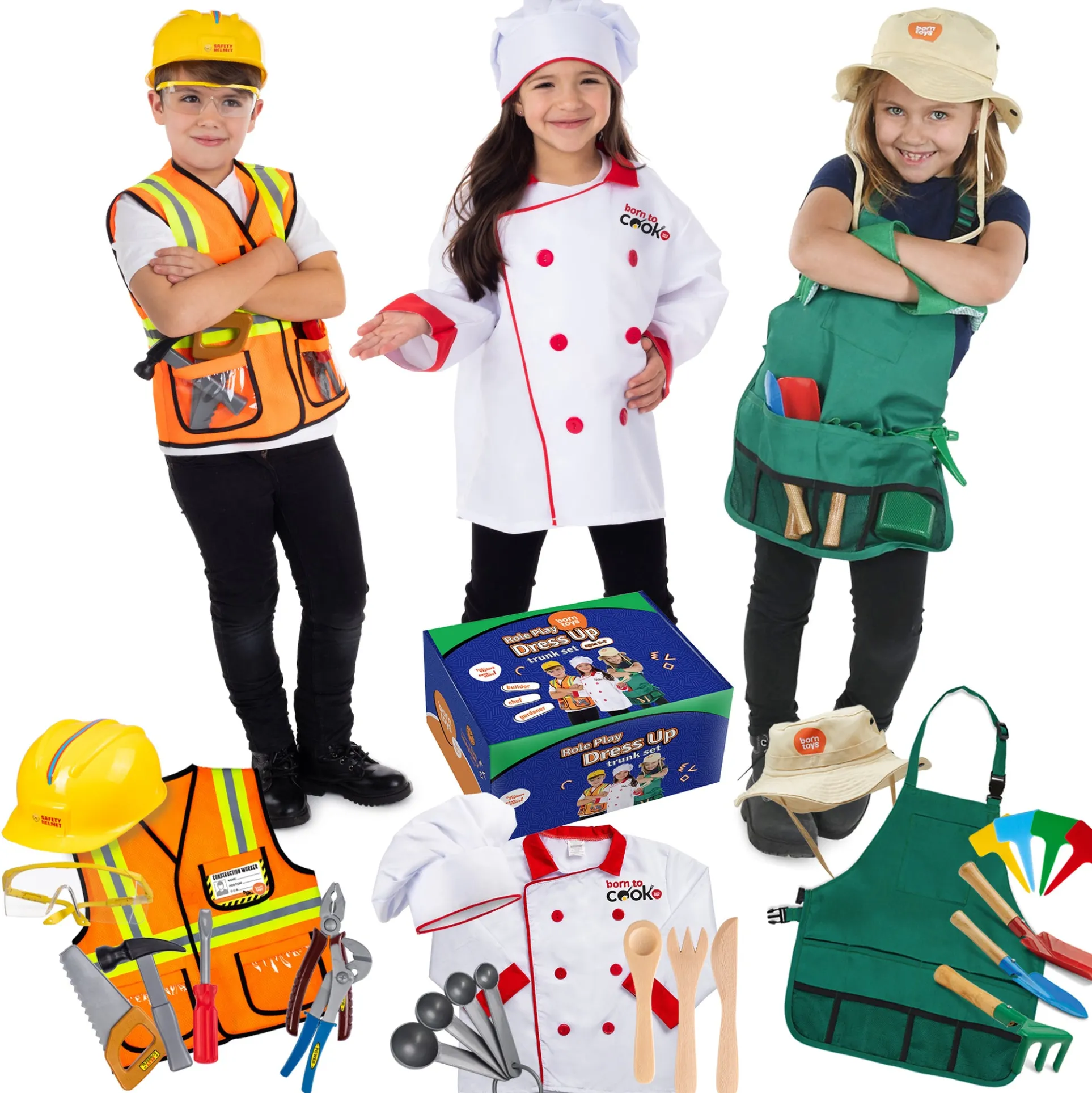 Bintiva 3-in-1 Dress Up Trunk Set - Construction Worker, Chef, Gardener