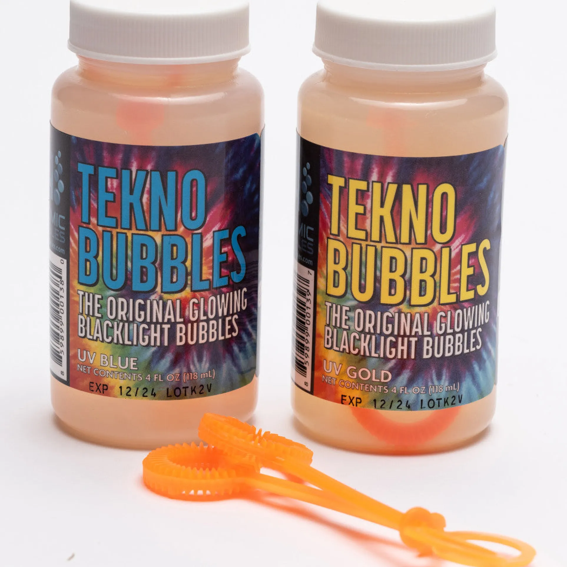 Atomic Bubbles Tekno Bubbles - UV Reactive Glowing Bubbles, 2 Pack (Gold & Blue)