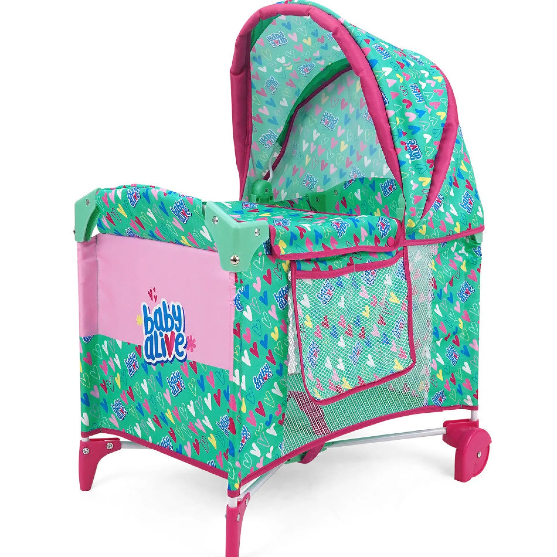 Baby Alive Deluxe Doll Play Yard with Canopy, Green & Pink Hearts