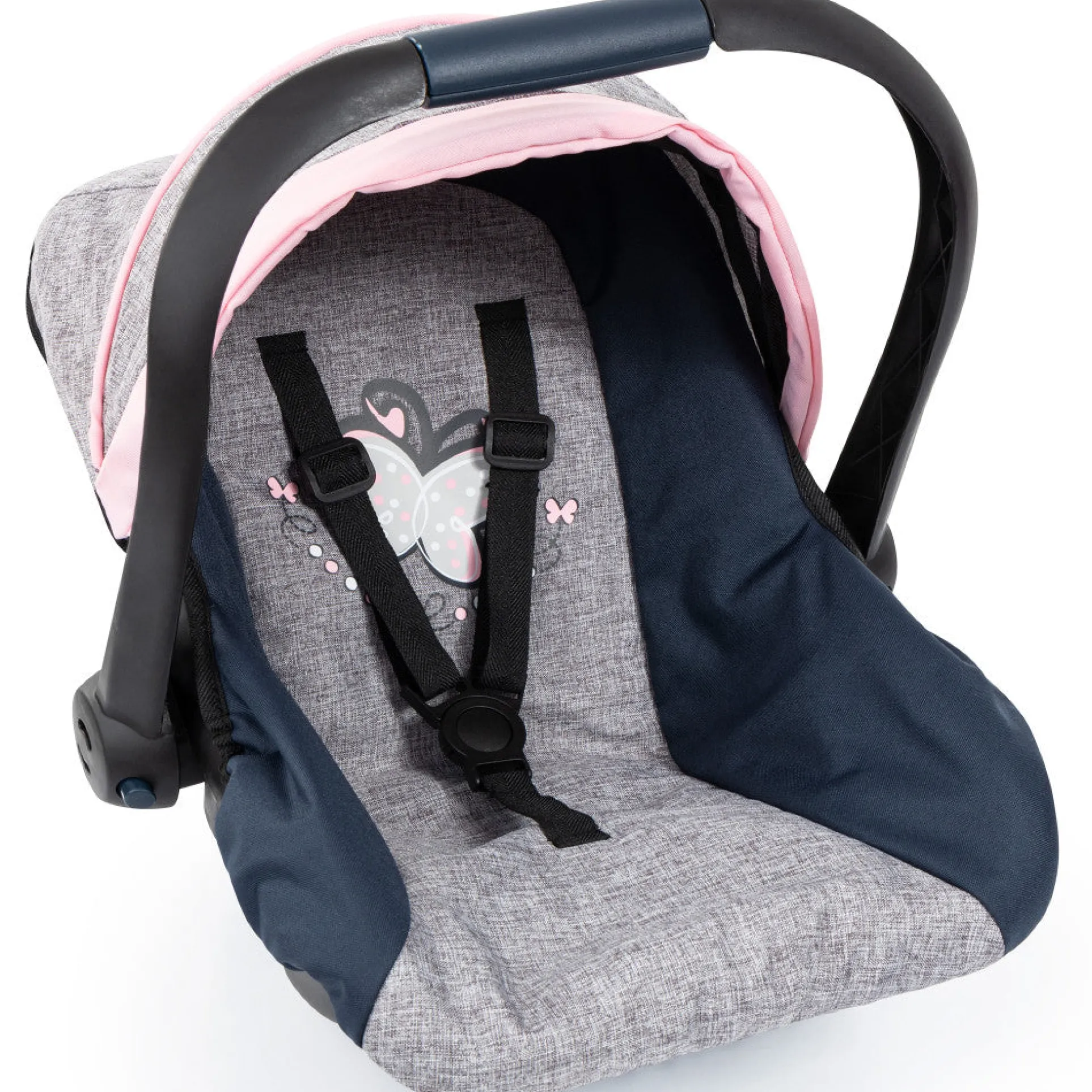 Bayer Design Doll Car Seat with Sunshade - Grey, Blue, Pink Butterfly