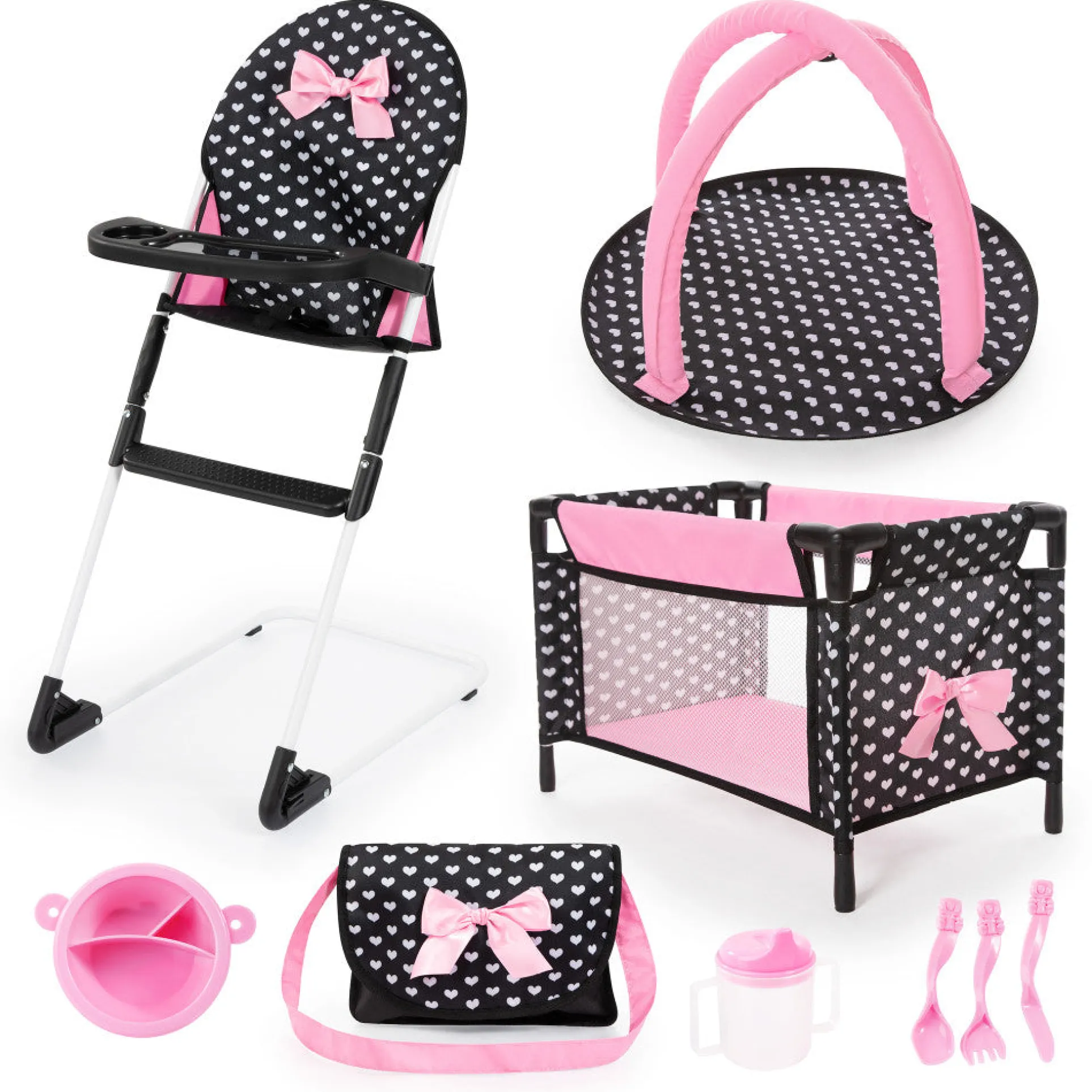 Bayer Design Dolls: 9-Piece Travel Set with Highchair and Port-a-Crib - Black, Pink, Hearts