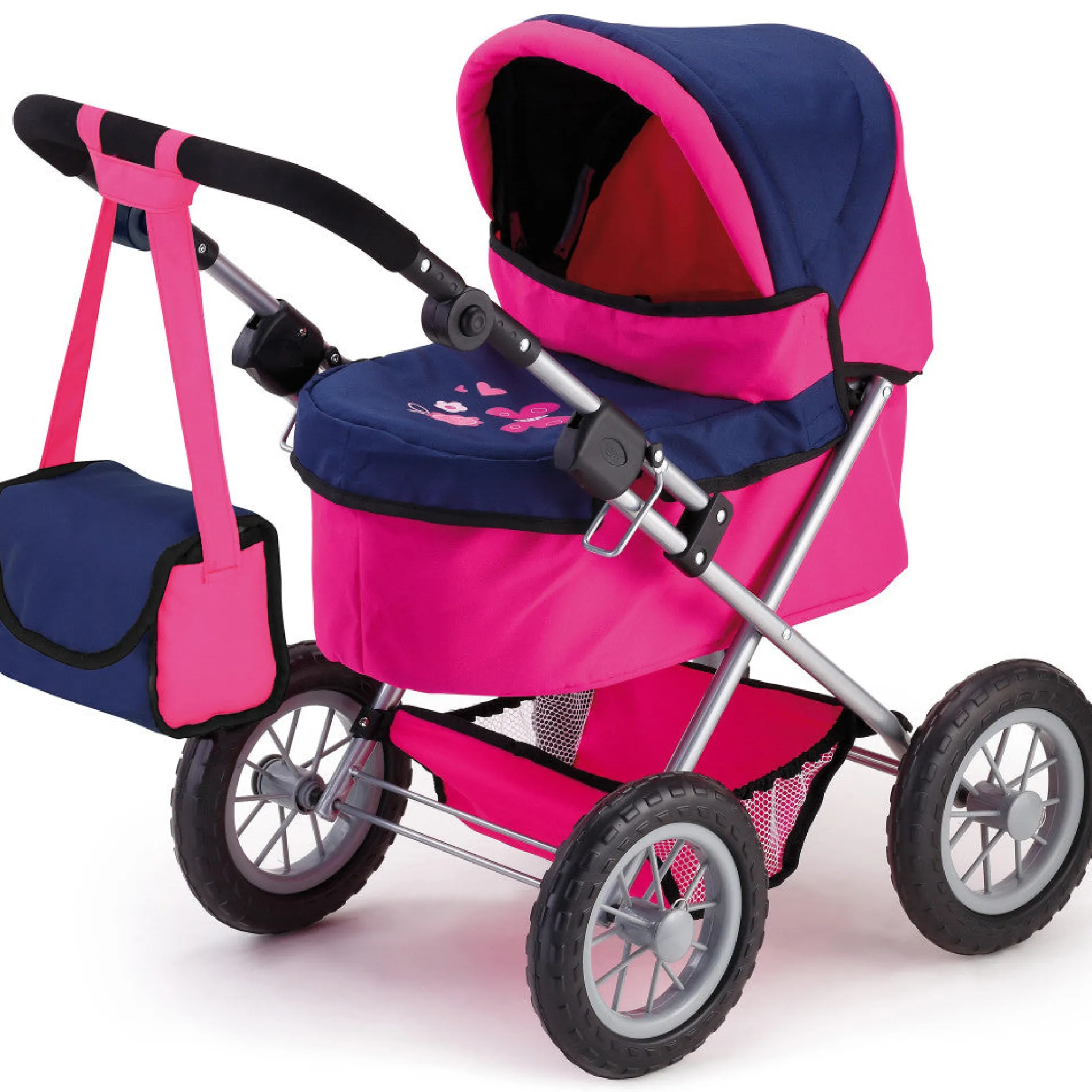 Bayer Design Trendy Doll Pram, Adjustable Handle, Blue & Hot Pink with Butterfly Motif