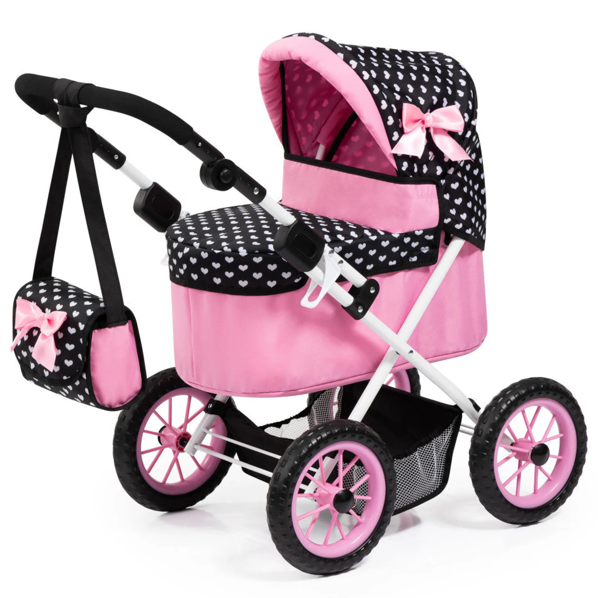 Bayer Design Trendy Doll Pram, Hearts Black & Pink with Shoulder Bag