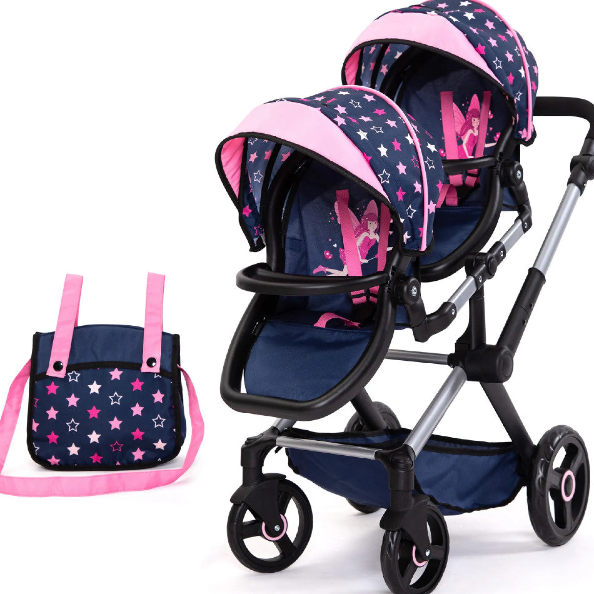 Bayer Design Twin Doll Pram, Stars Navy & Pink with Matching Handbag