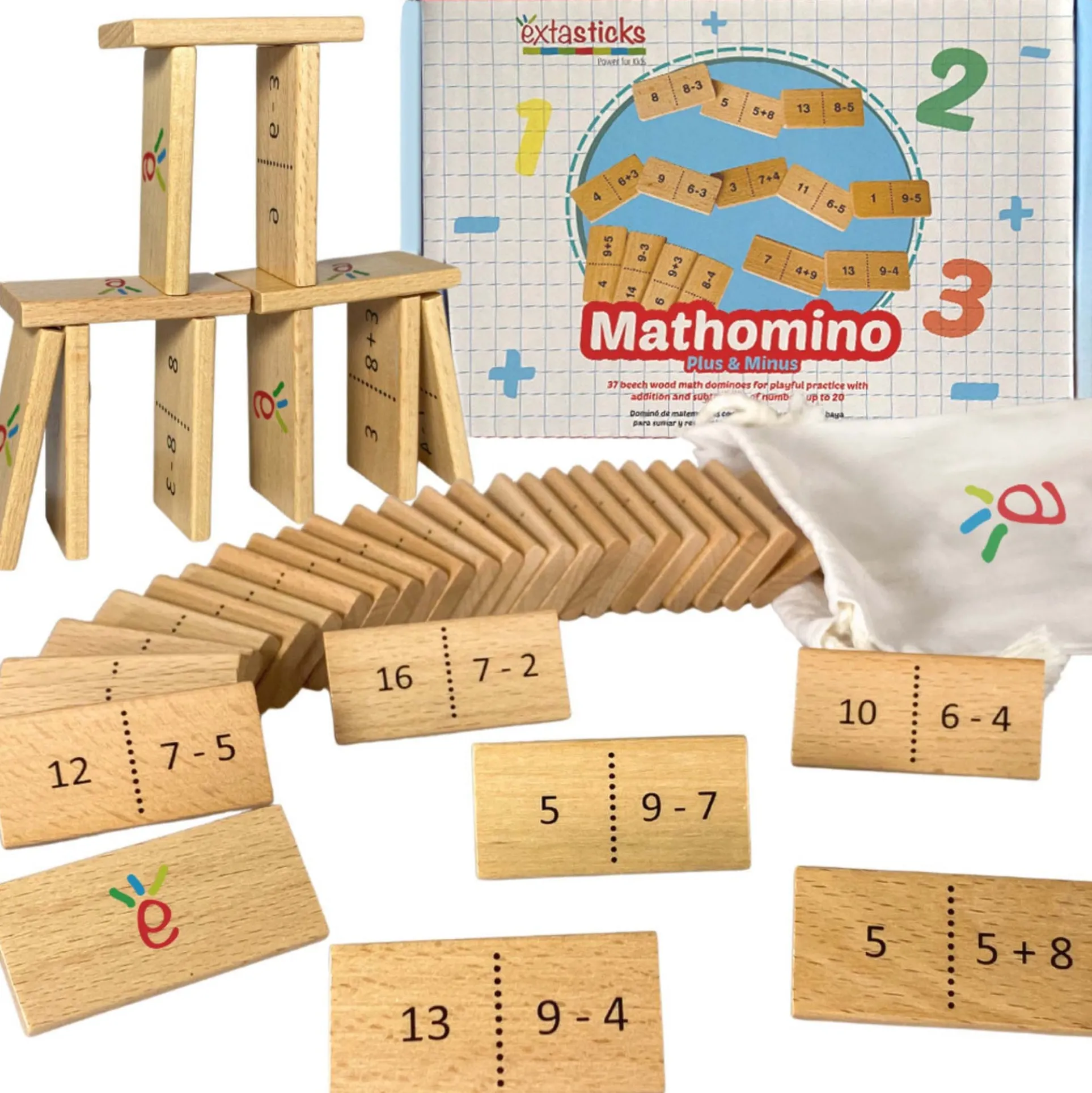 Extasticks Mathomino Plus & Minus Wooden Math Domino Game