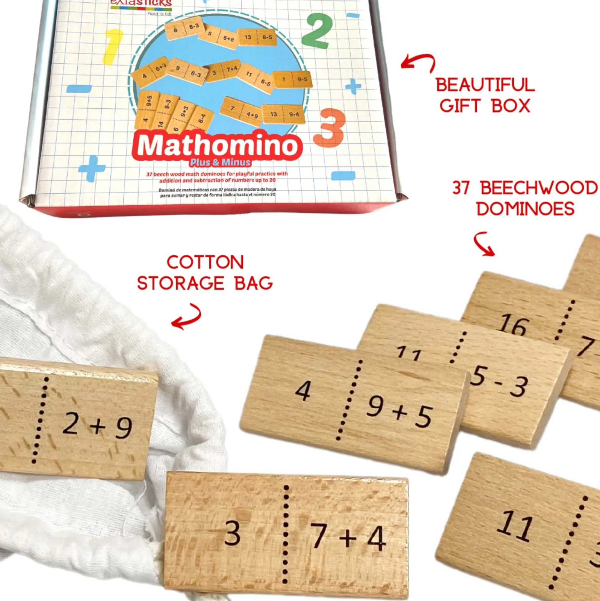 Extasticks Mathomino Plus & Minus Wooden Math Domino Game