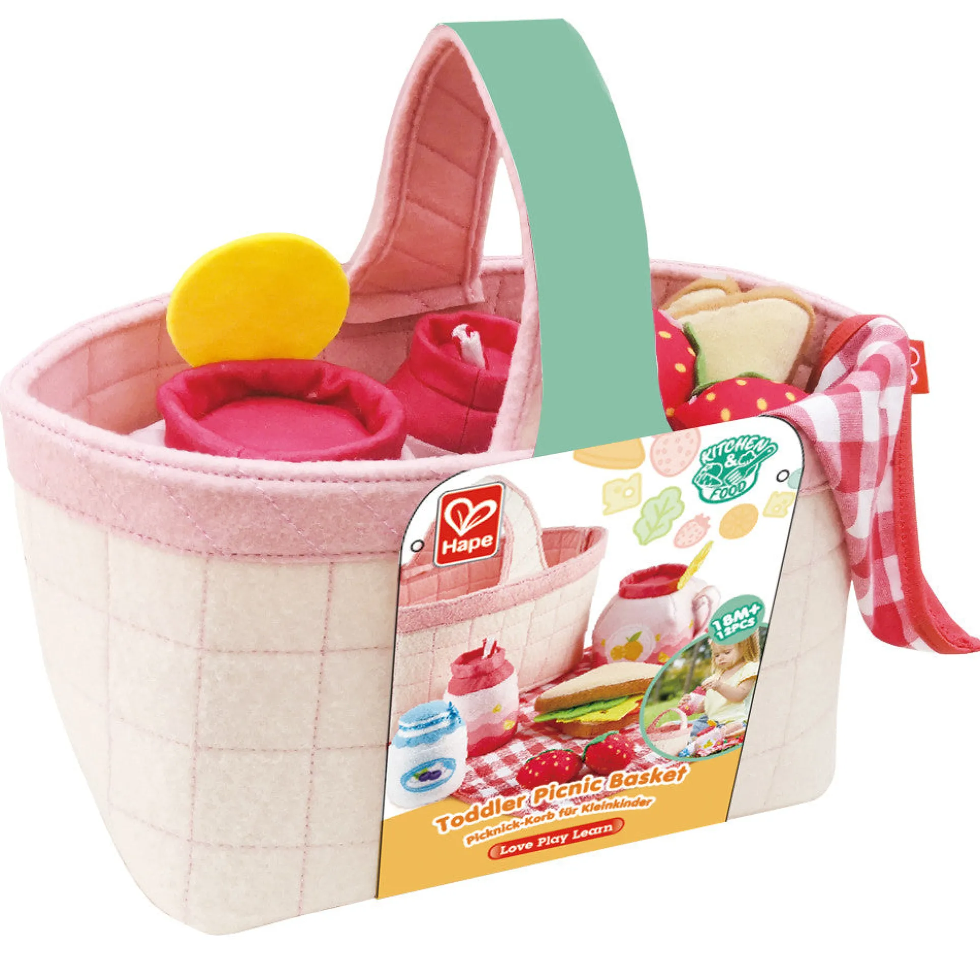 Hape 9-Piece Toddler Picnic Basket Set - Soft Toy Food & Blanket