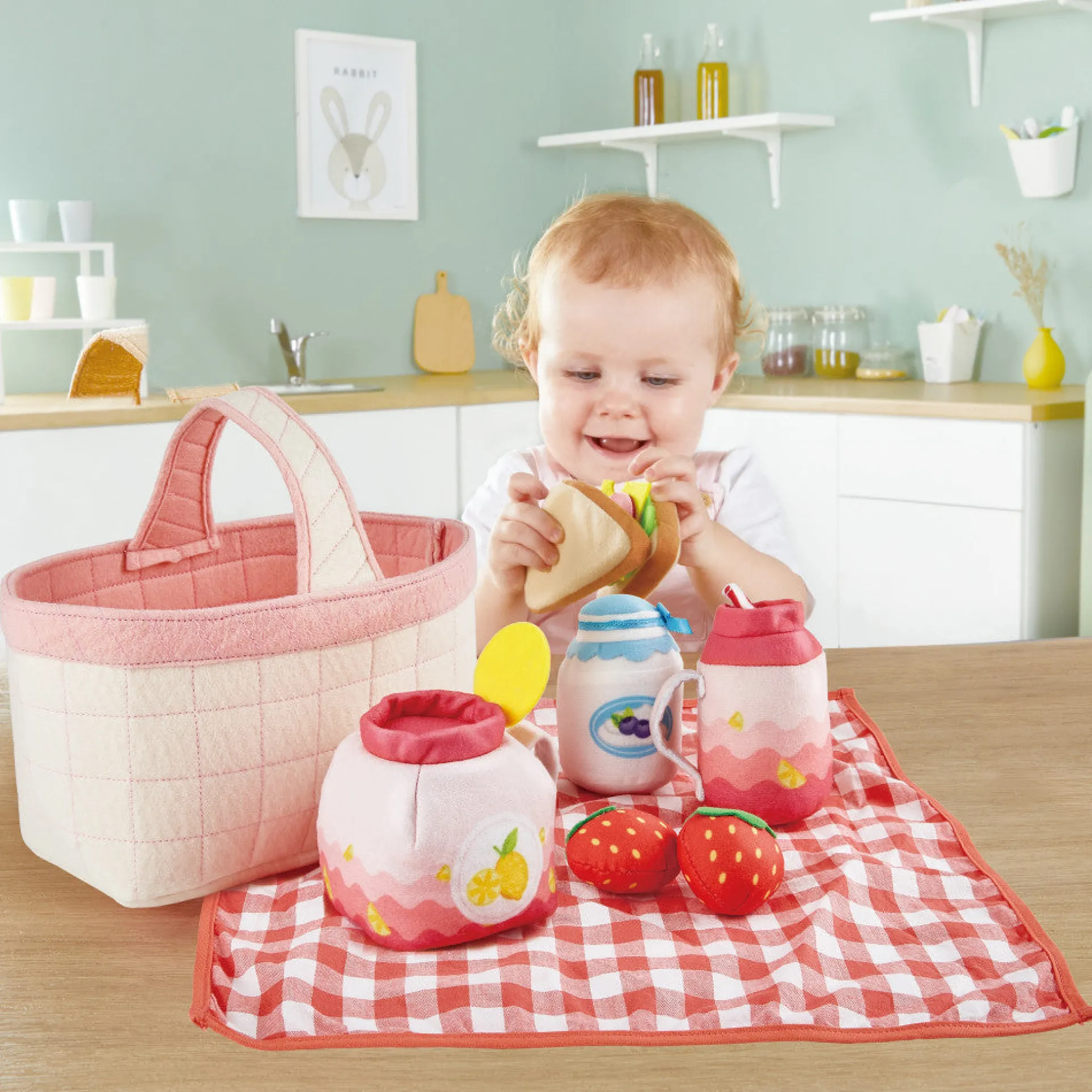 Hape 9-Piece Toddler Picnic Basket Set - Soft Toy Food & Blanket