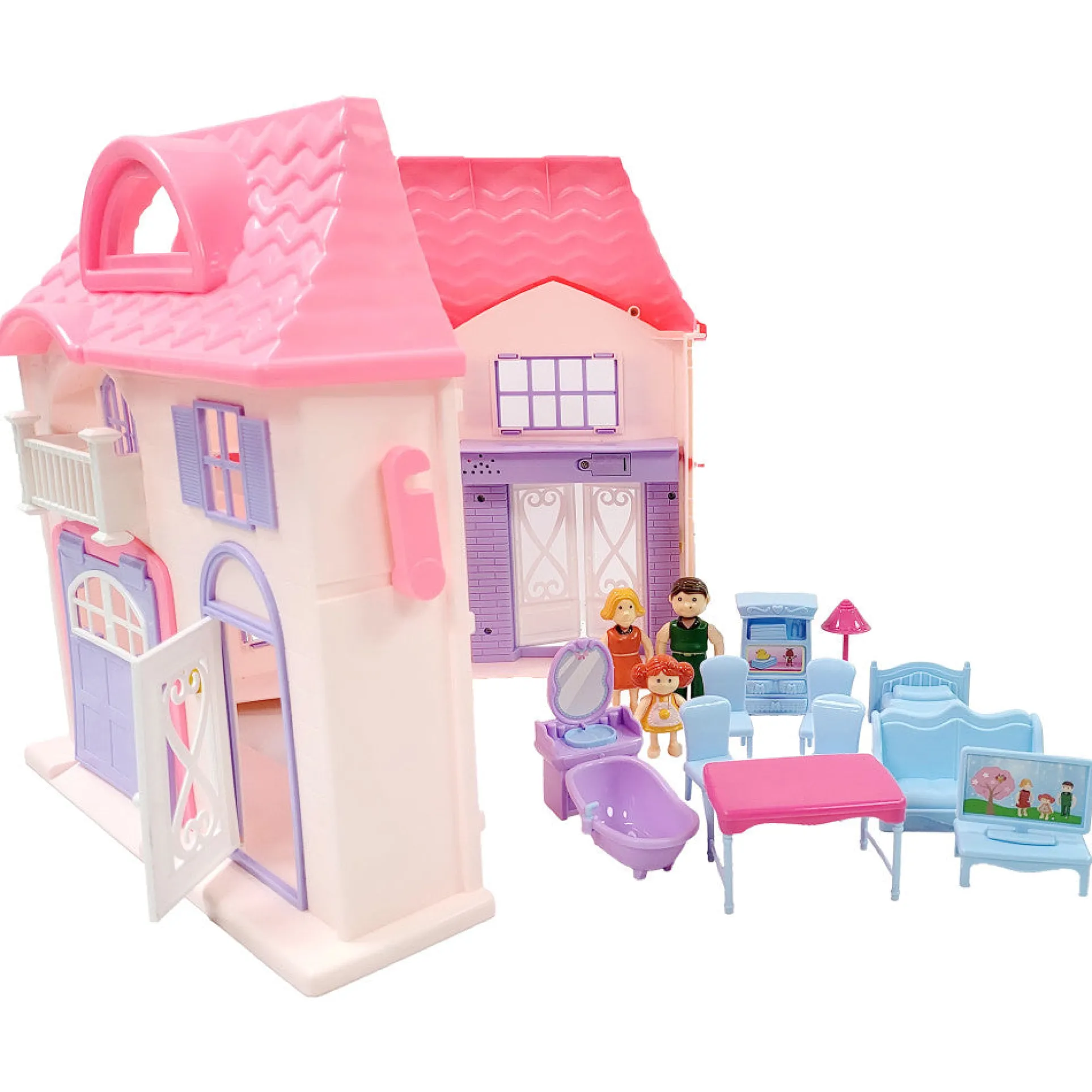 Boley Doll House Playset - Pink & Purple - 16pc with 3 Family Dolls for Kids 3+