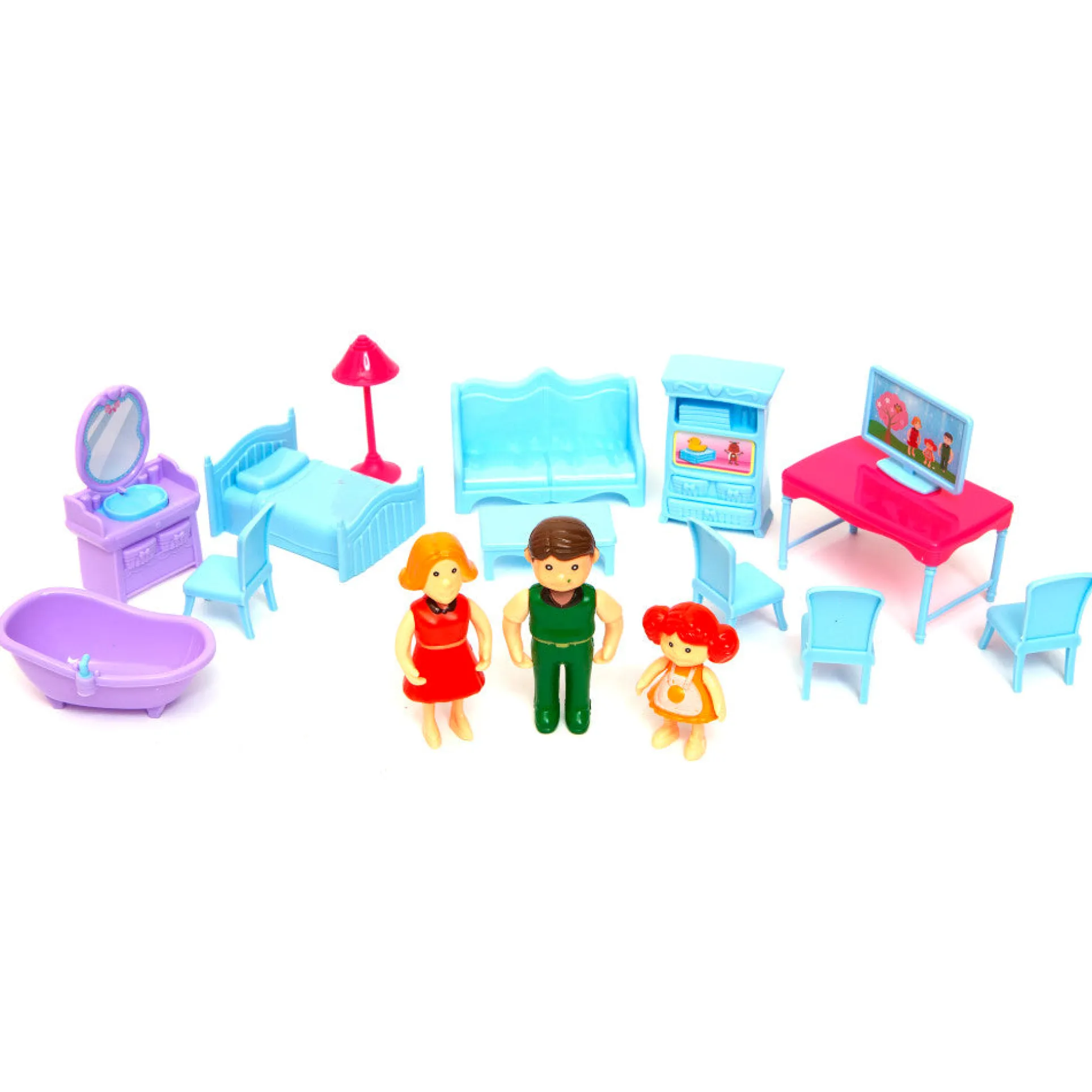 Boley Doll House Playset - Pink & Purple - 16pc with 3 Family Dolls for Kids 3+