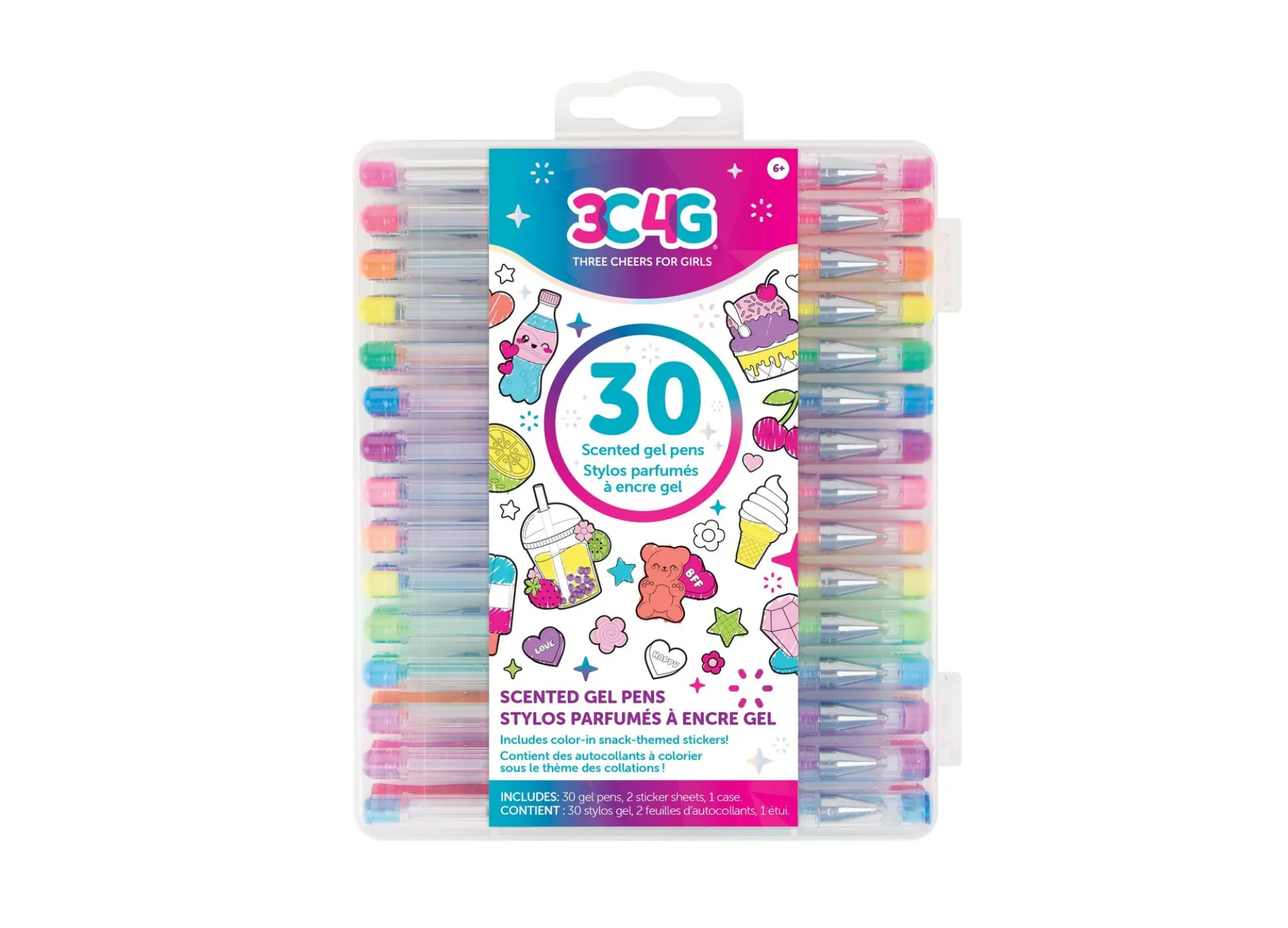 3C4G Vibrant Scented Gel Pens Kit with Snack-Themed Sticker Sheets, 30 Count - Assorted Colors