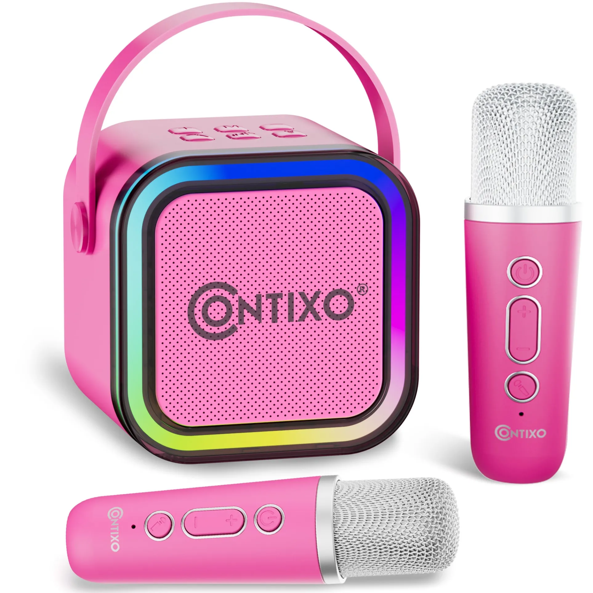 Contixo Mini Karaoke Machine, Party-Ready Portable Bluetooth Speaker + 2 Wireless Mics - Pink