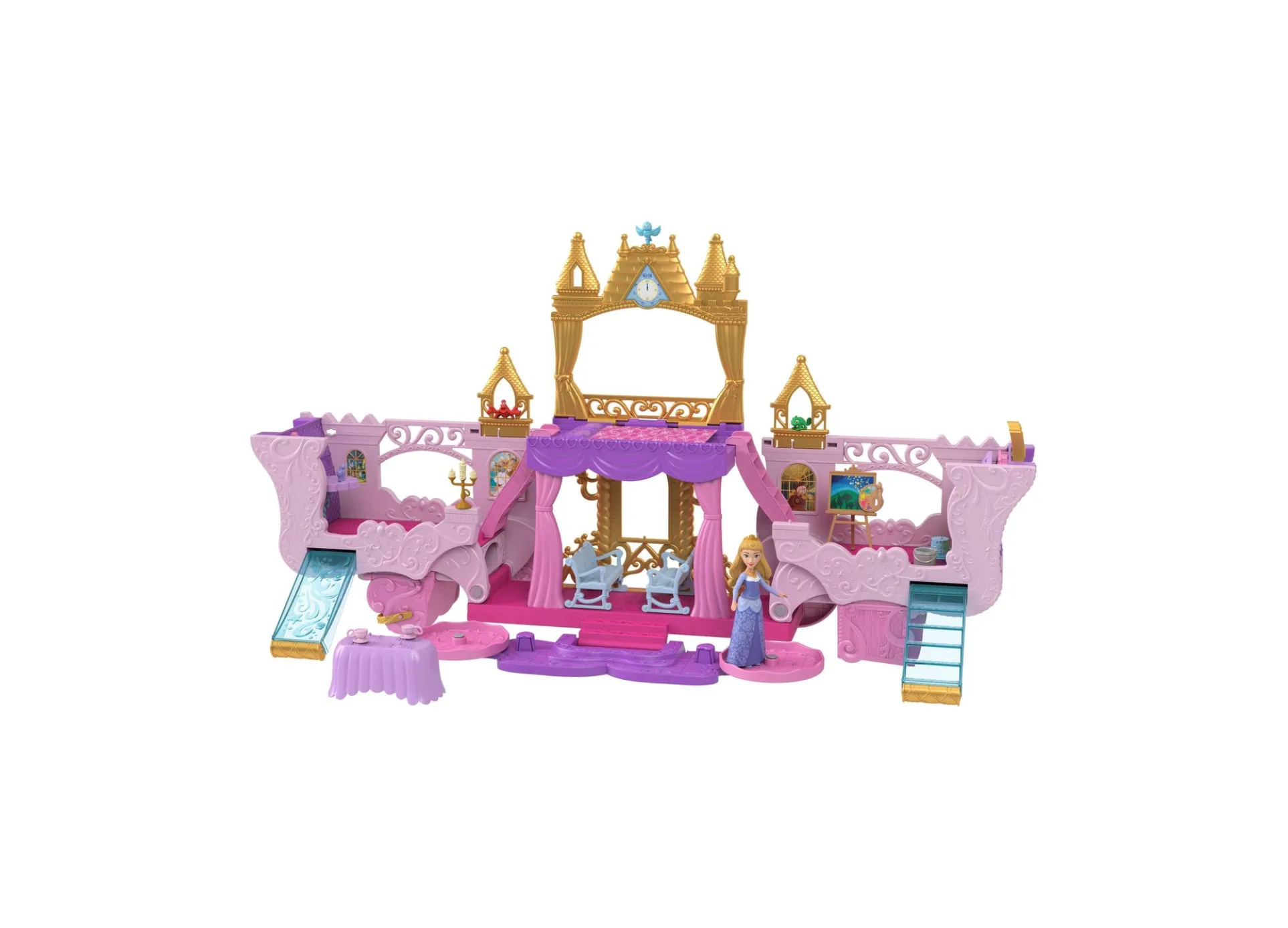 Disney Princess Carriage to Castle Playset with Aurora Small Doll, & 4 Figures