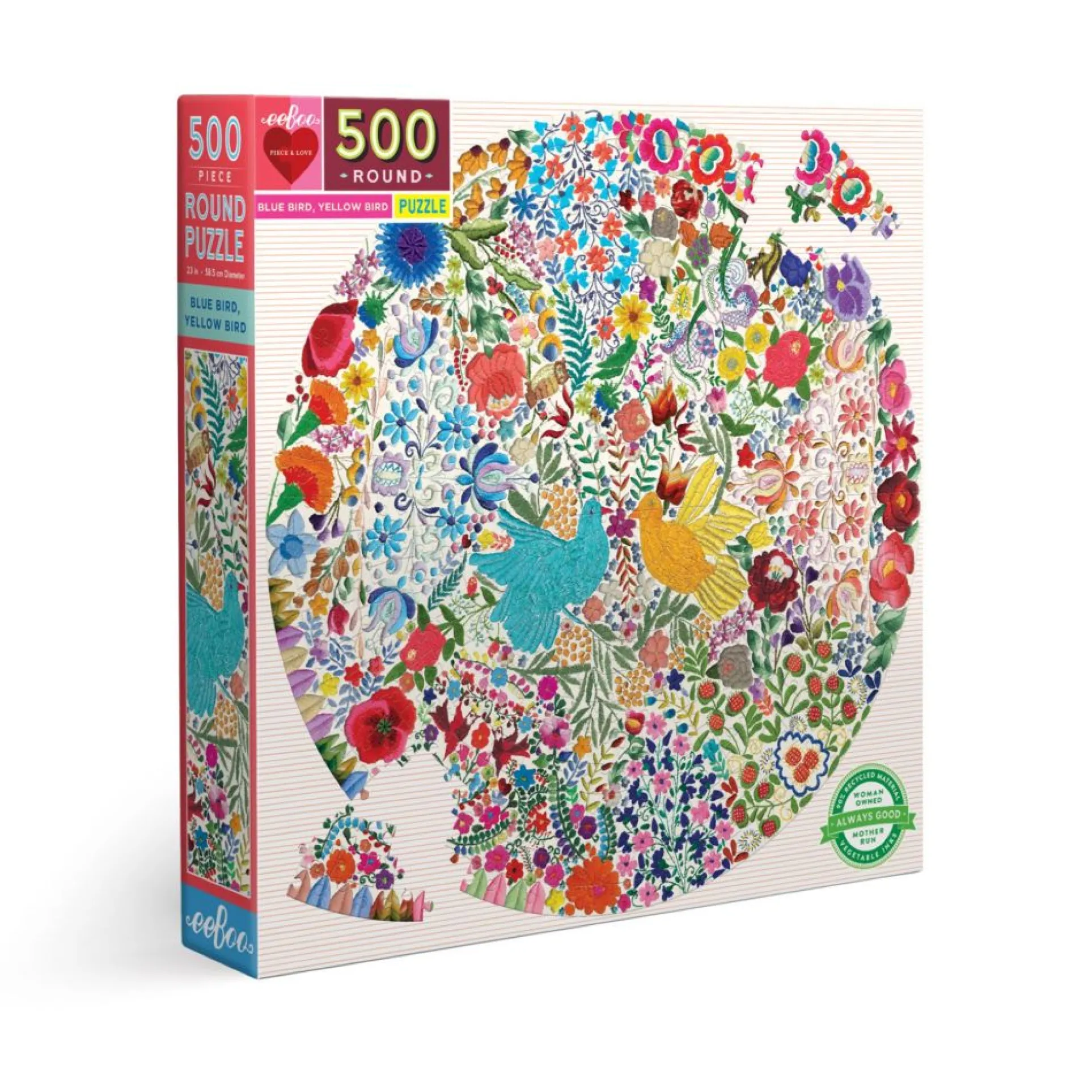 eeBoo Piece and Love Blue Bird Yellow Bird 500-Piece Round Jigsaw Puzzle