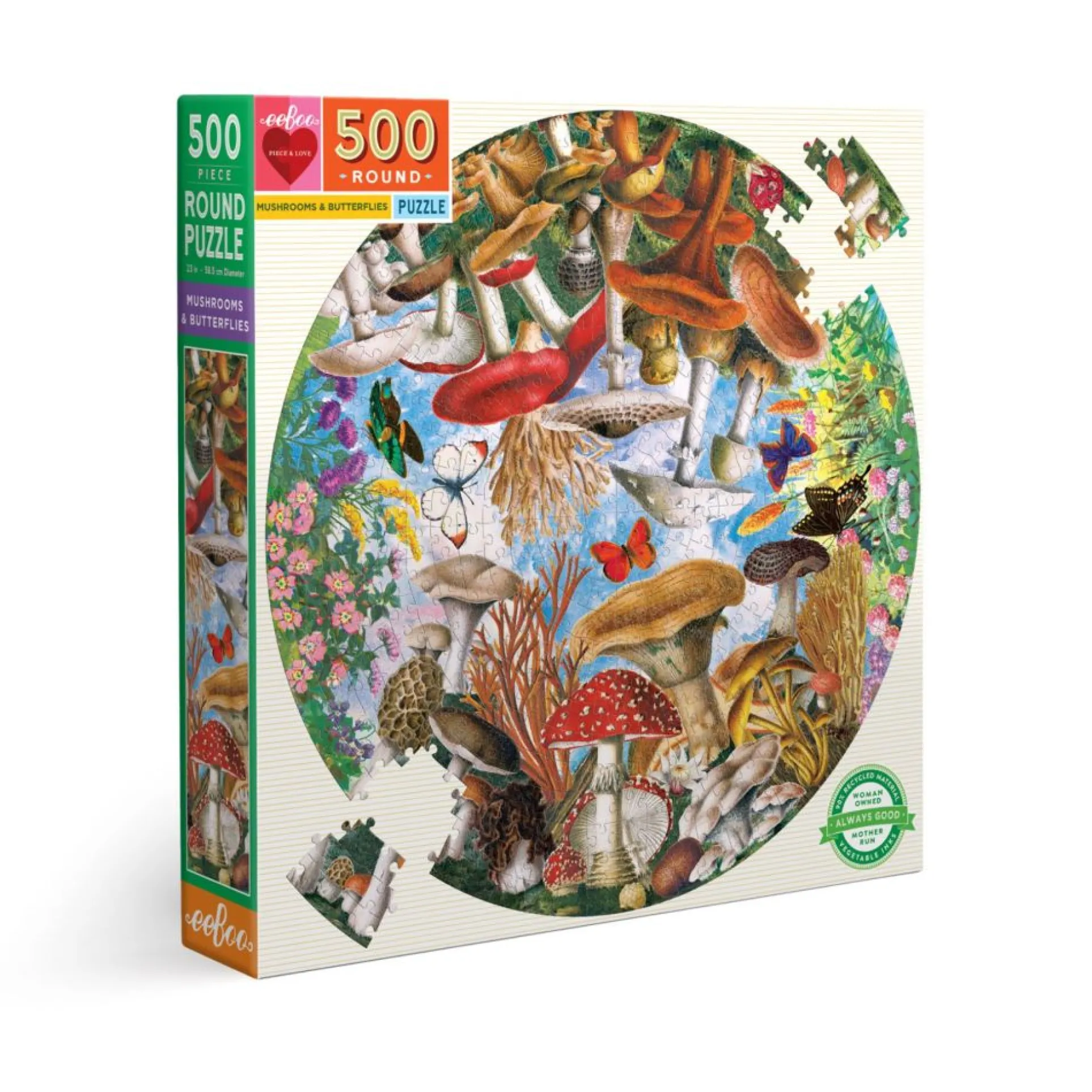 eeBoo Piece and Love Mushrooms and Butterflies 500-Piece Round Jigsaw Puzzle