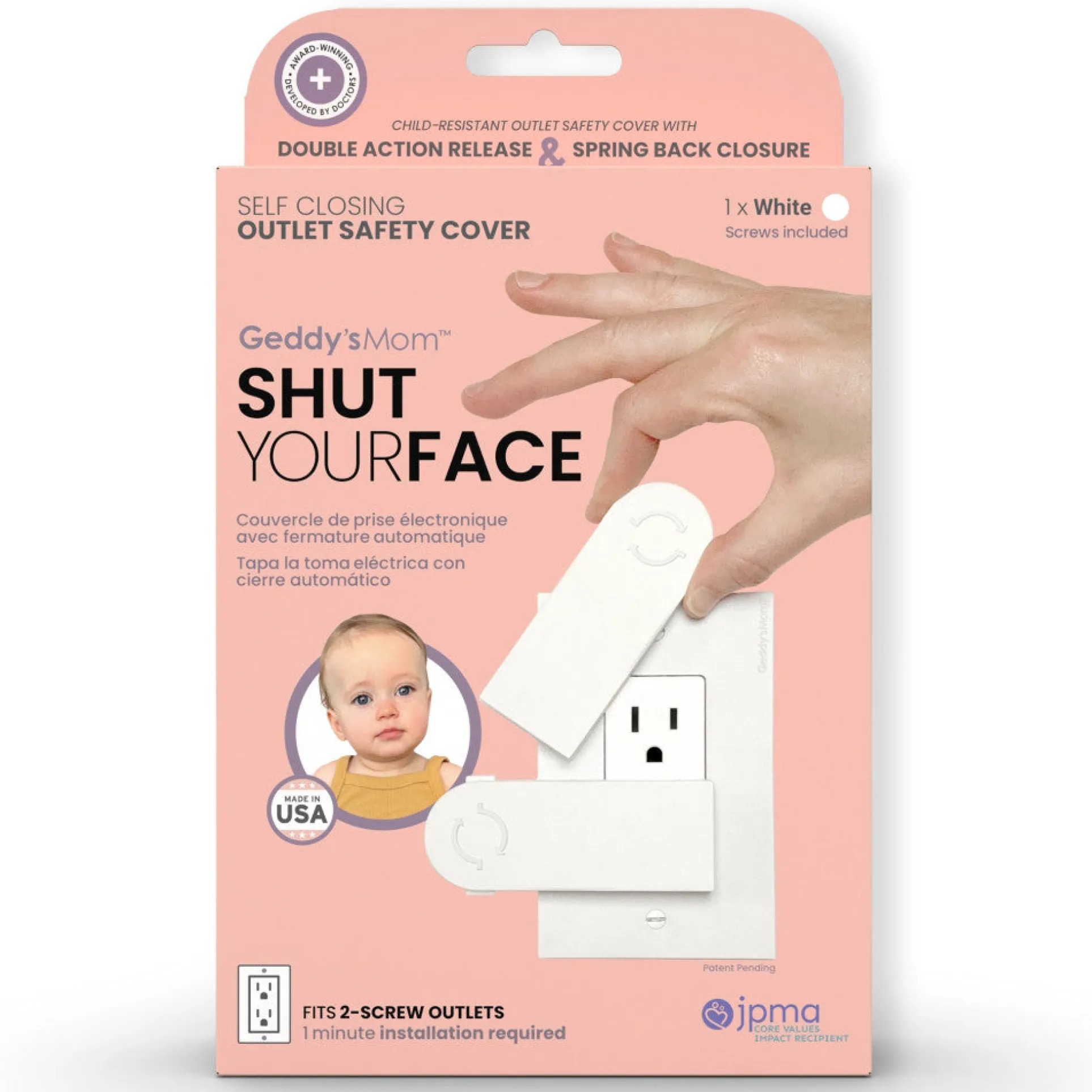 Geddy's Mom: Shut Your Face - White - Self-Closing Outlet Safety Cover