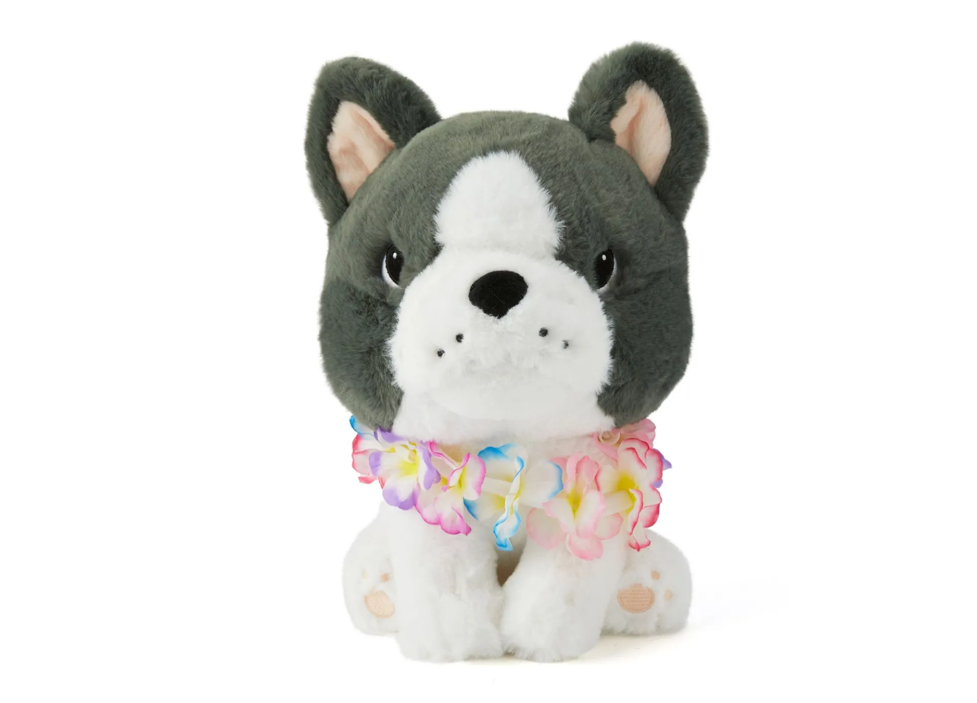 Geoffrey's Toy Box 10-Inch Plush French Bull Dog with Tropical Lei - Grey