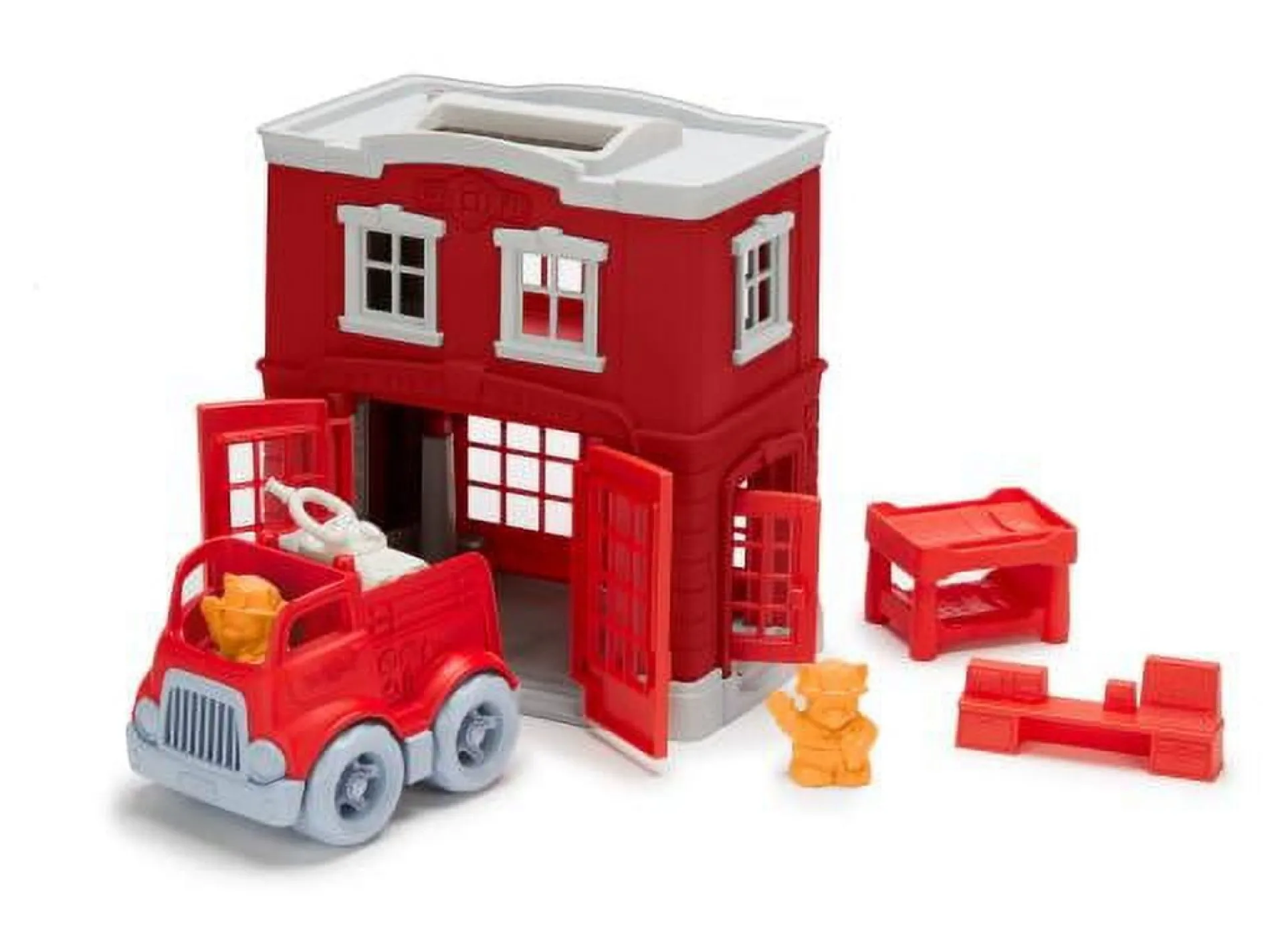 Green Toys Eco-Friendly Fire Station Playset with Rotating Cannon