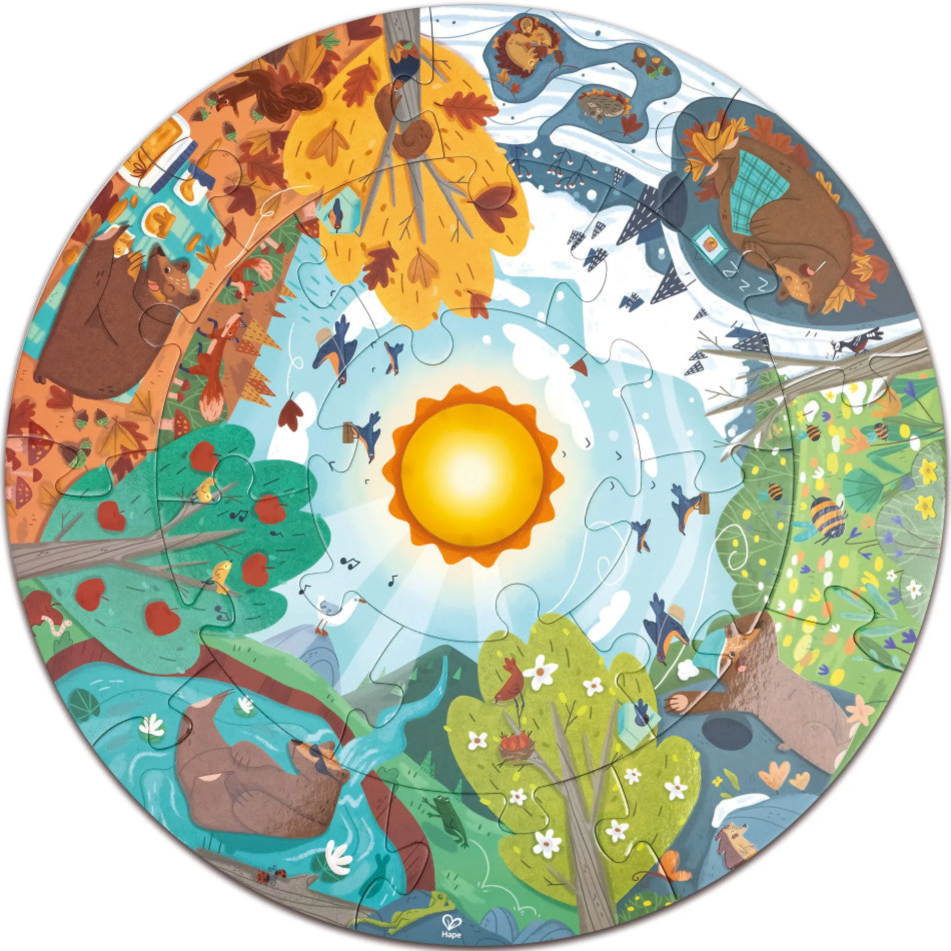 Hape Four Seasons 16-Piece Circle Floor Puzzle with LED Sun