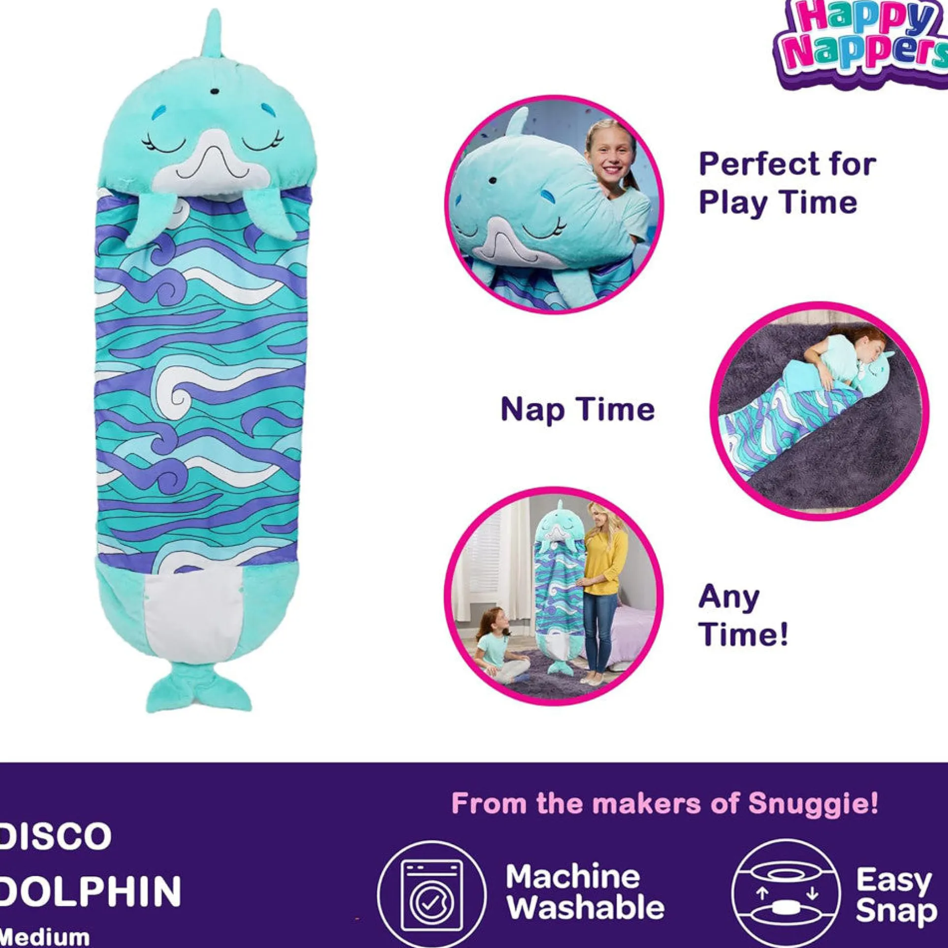 Happy Nappers Dolphin Disco 54 inch Plush Pillow & Sleepy Sack - Medium