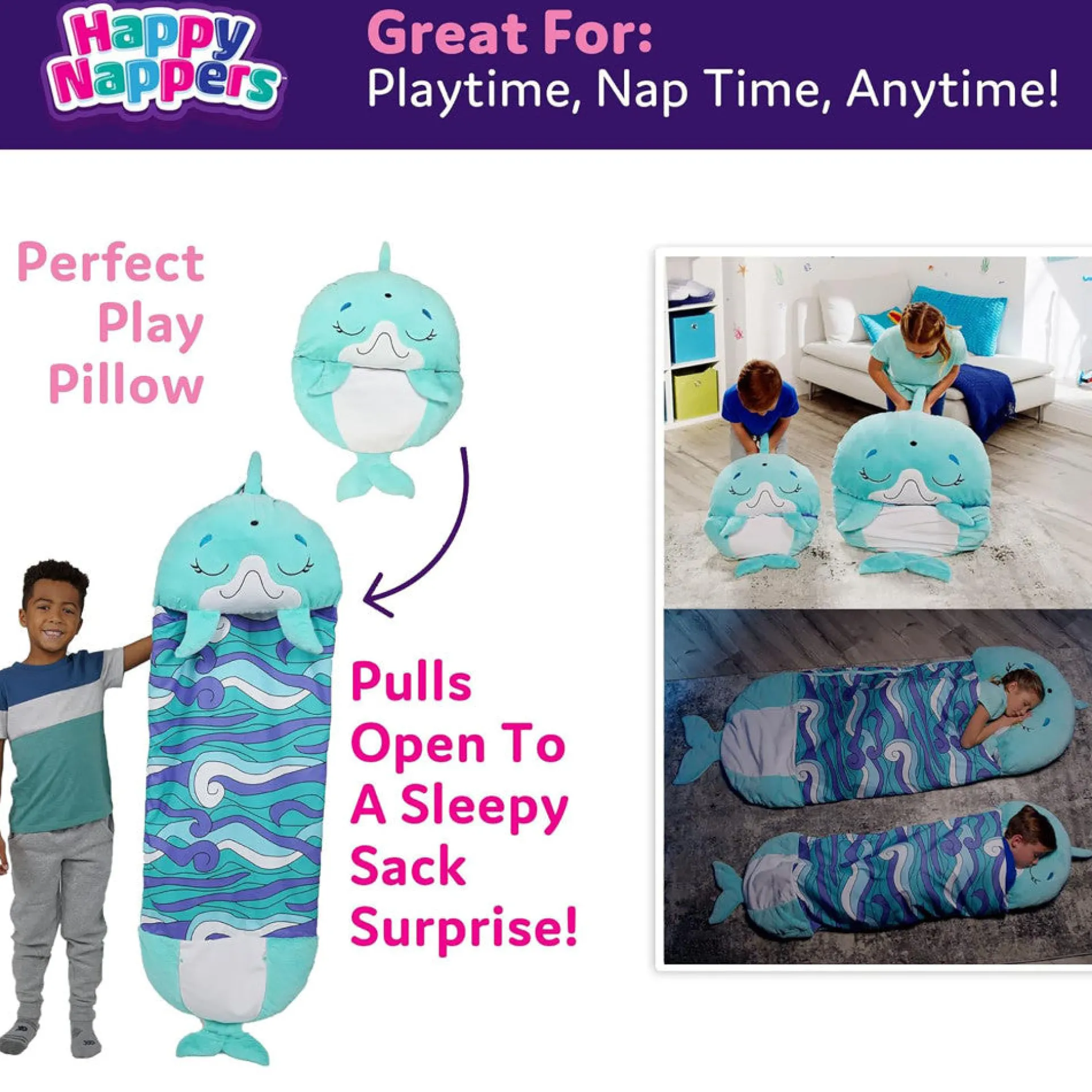 Happy Nappers Dolphin Disco 54 inch Plush Pillow & Sleepy Sack - Medium