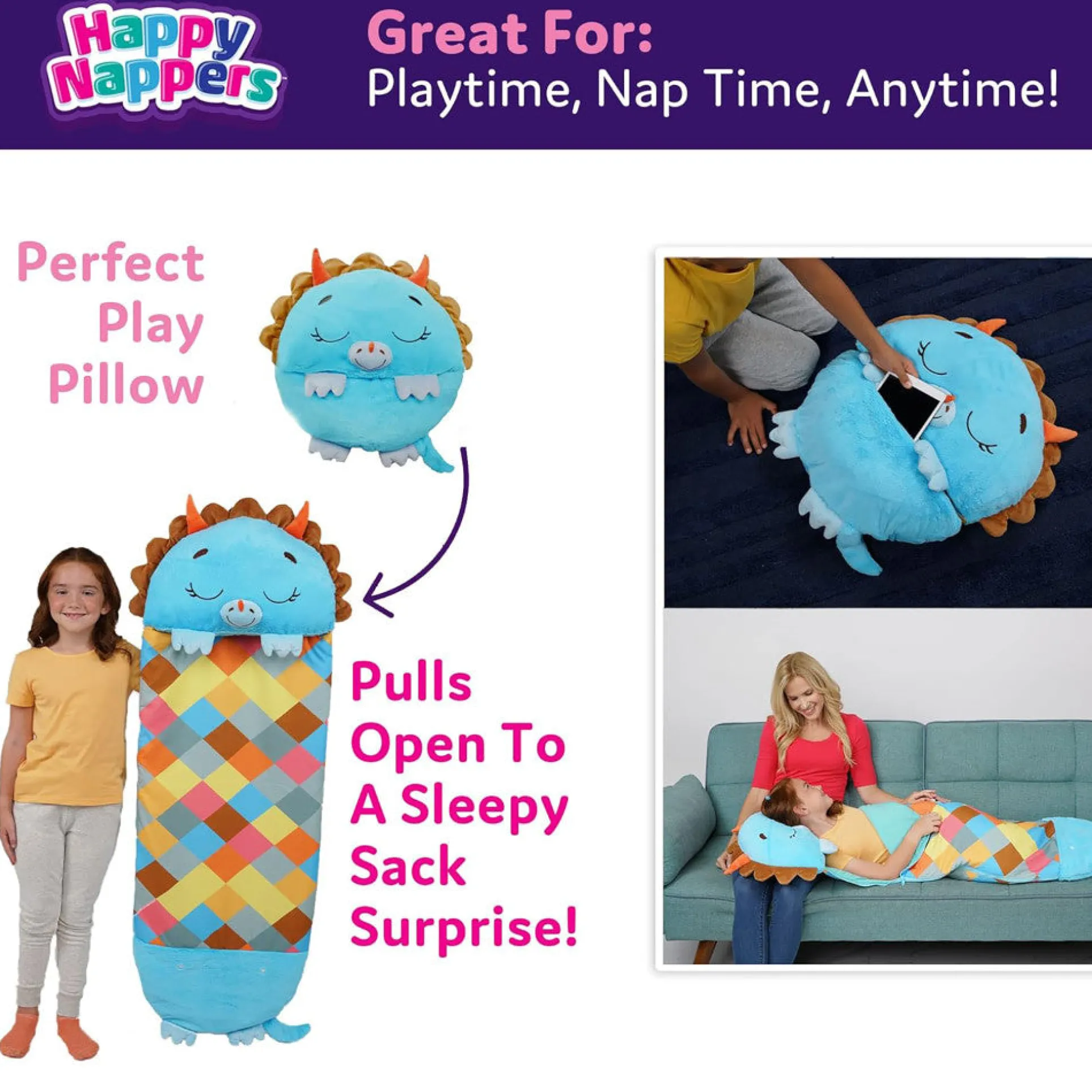 Happy Nappers Triceratops Timmy 54 Inch Plush Pillow & Sleepy Sack - Medium