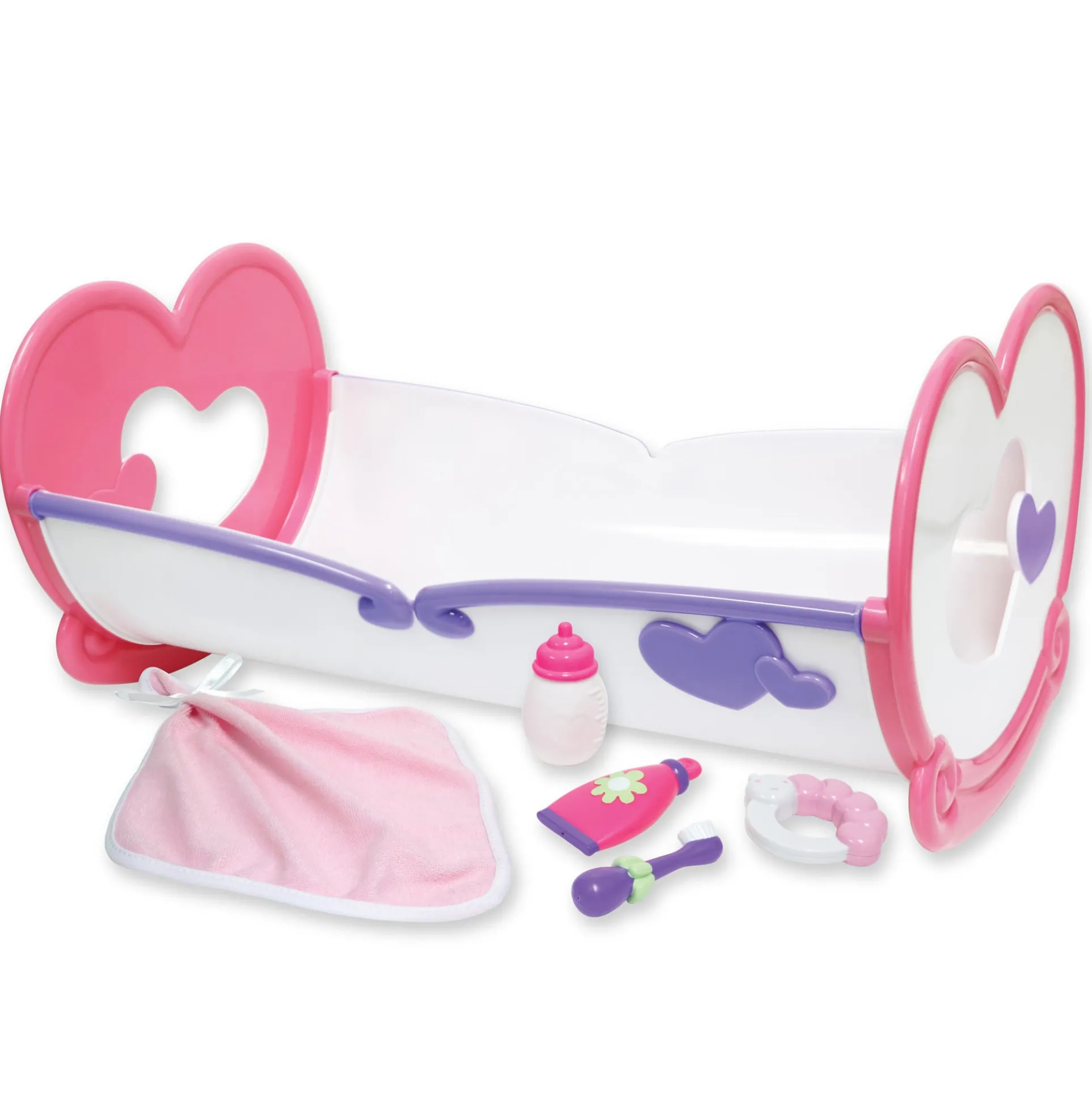JC Toys Deluxe Rocking Doll Crib with Heart Design & Accessories