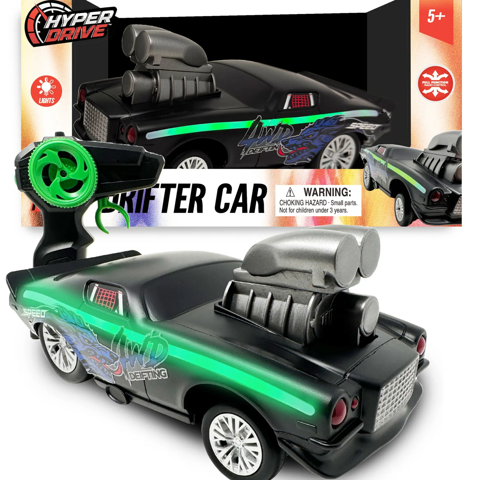 Hyper Drive RC 1:16 Scale Street Racer - Black-Green with LED Lights