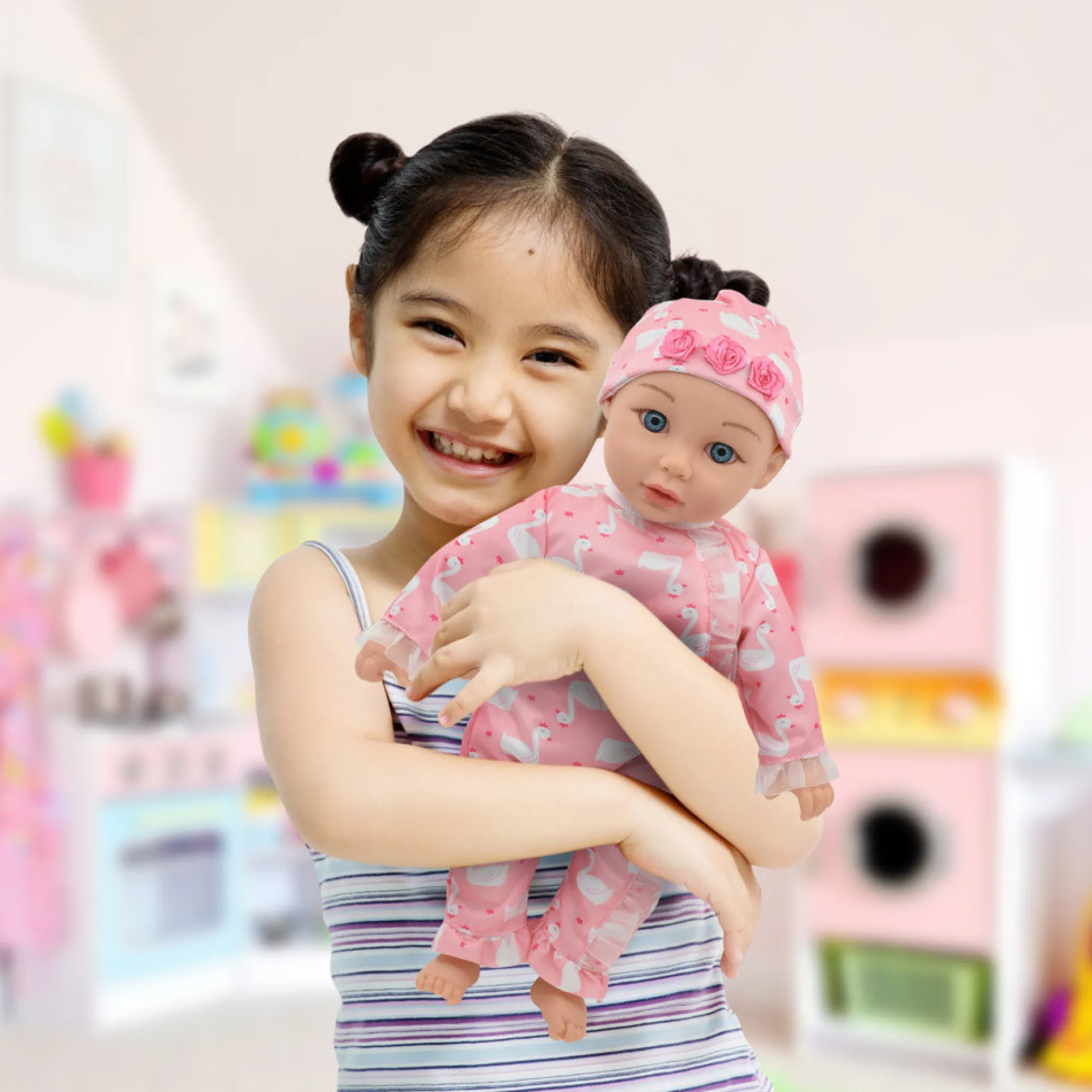 Little Darlings 14-inch Kiss N Tickles Baby Doll - Pink Swan Onesie