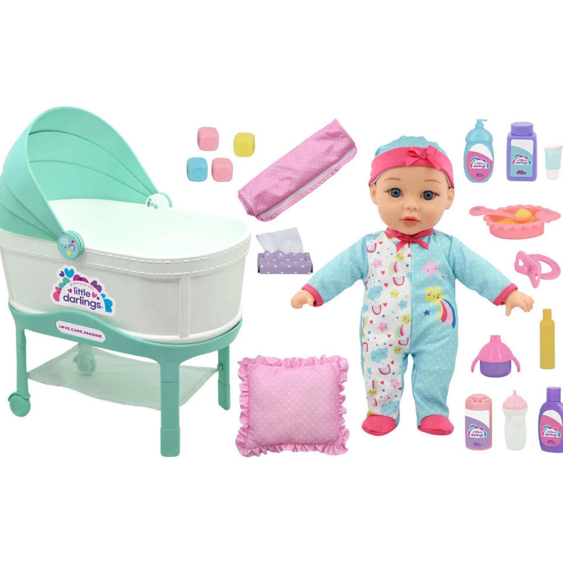 Little Darlings 12-Inch Bassinet Baby Doll Set - Teal, Pink, Stars