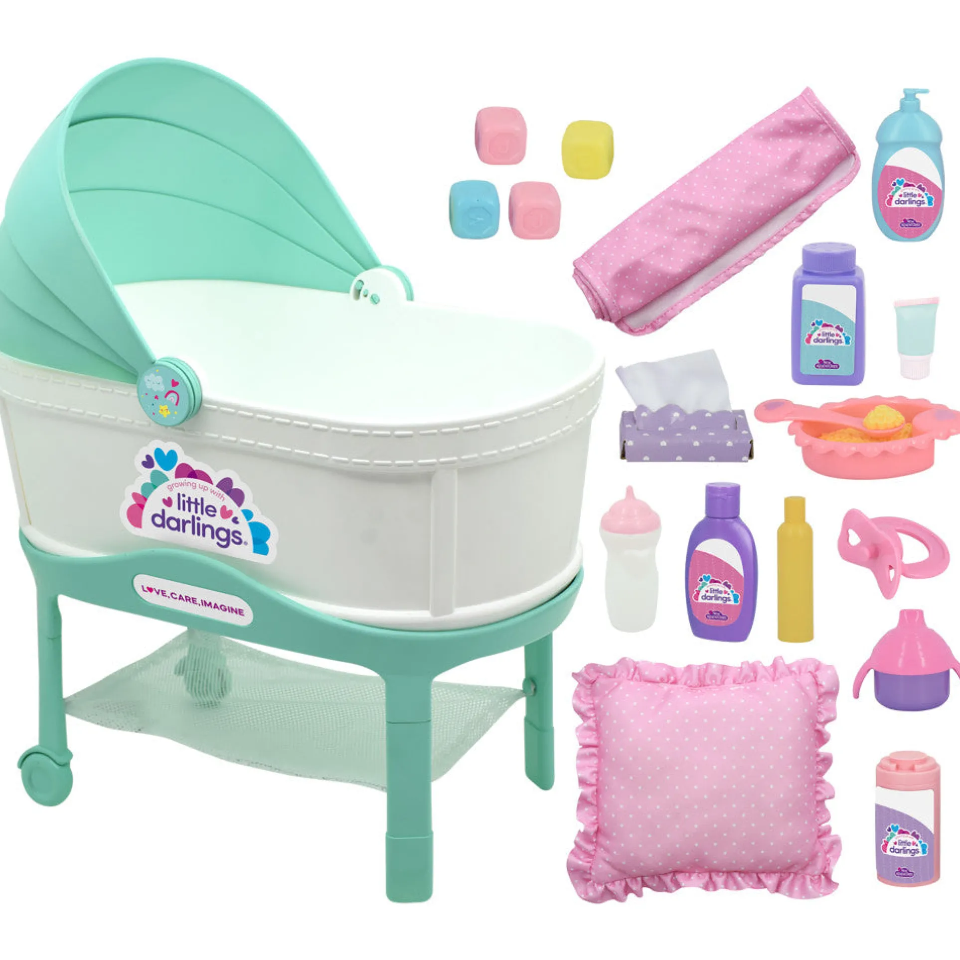 Little Darlings 12-Inch Bassinet Baby Doll Set - Teal, Pink, Stars