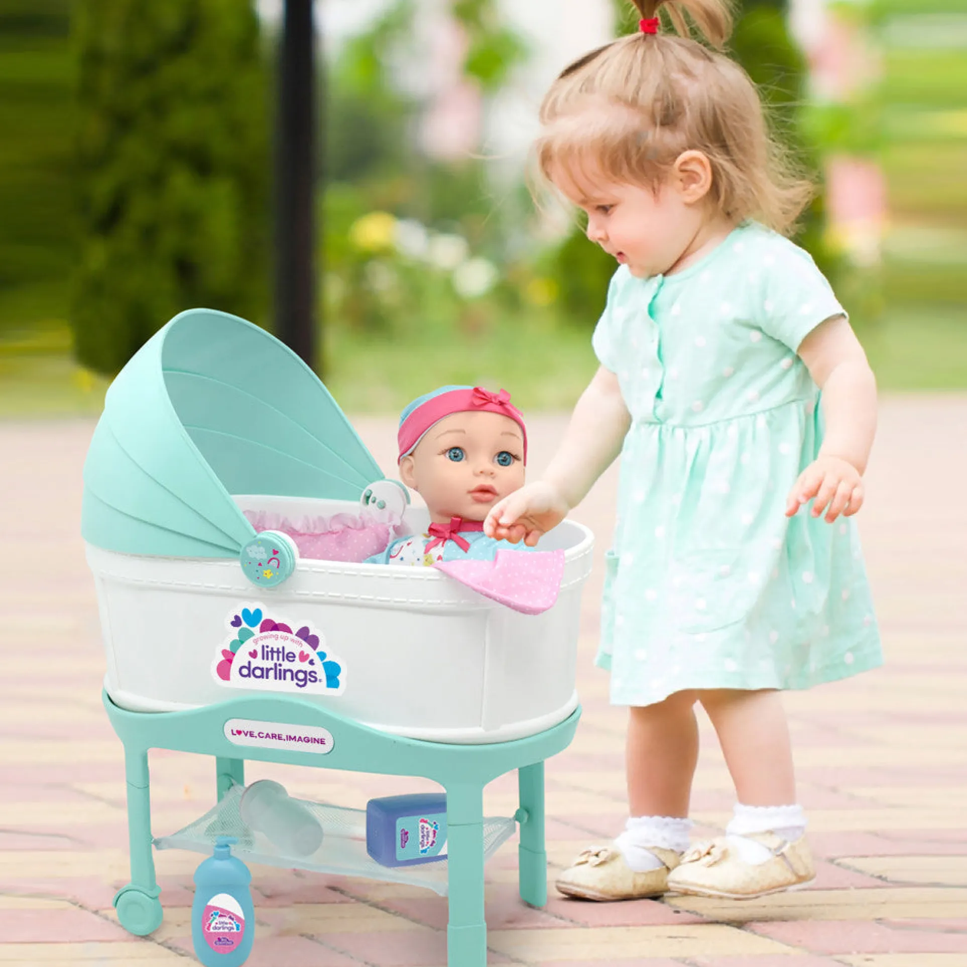 Little Darlings 12-Inch Bassinet Baby Doll Set - Teal, Pink, Stars