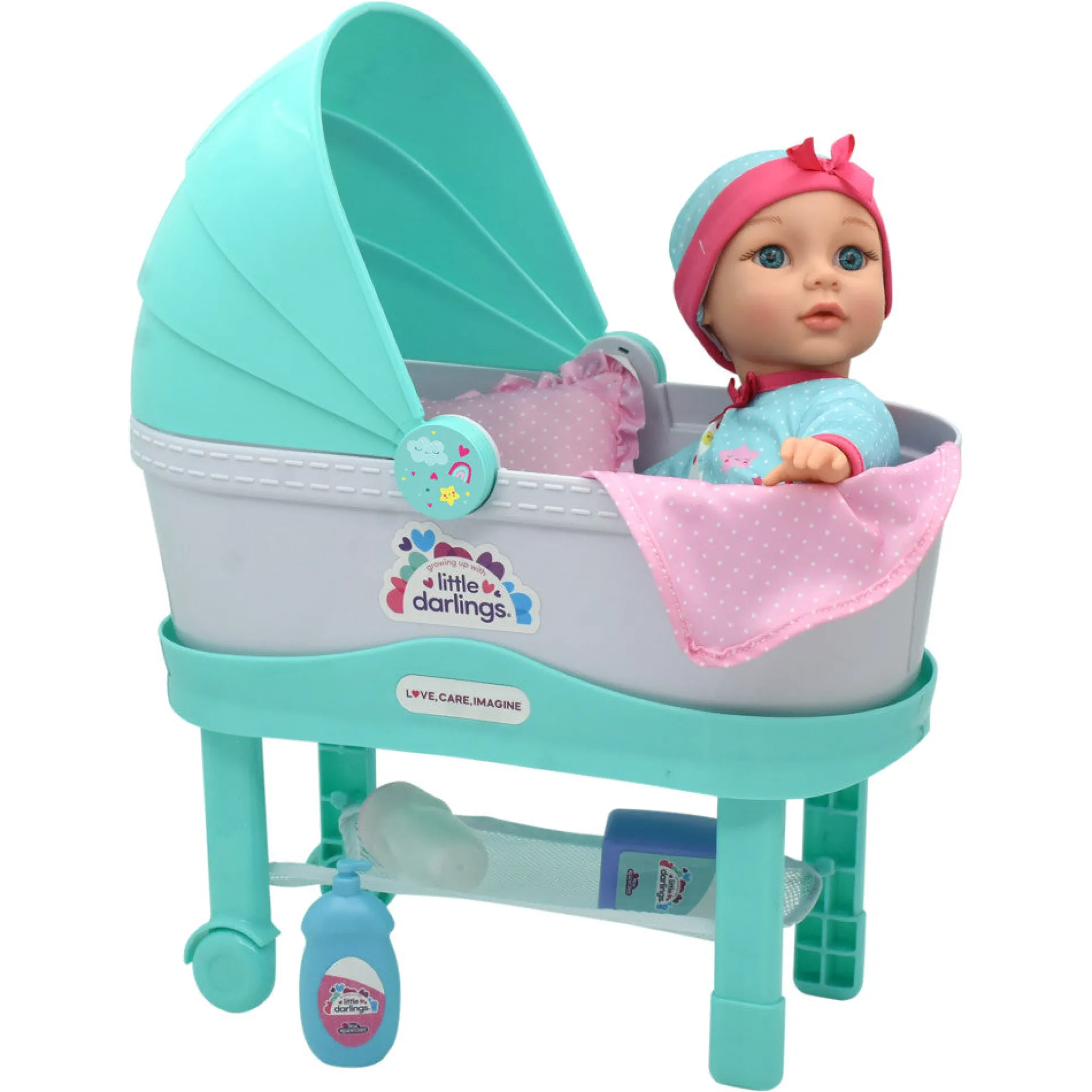 Little Darlings 12-Inch Bassinet Baby Doll Set - Teal, Pink, Stars
