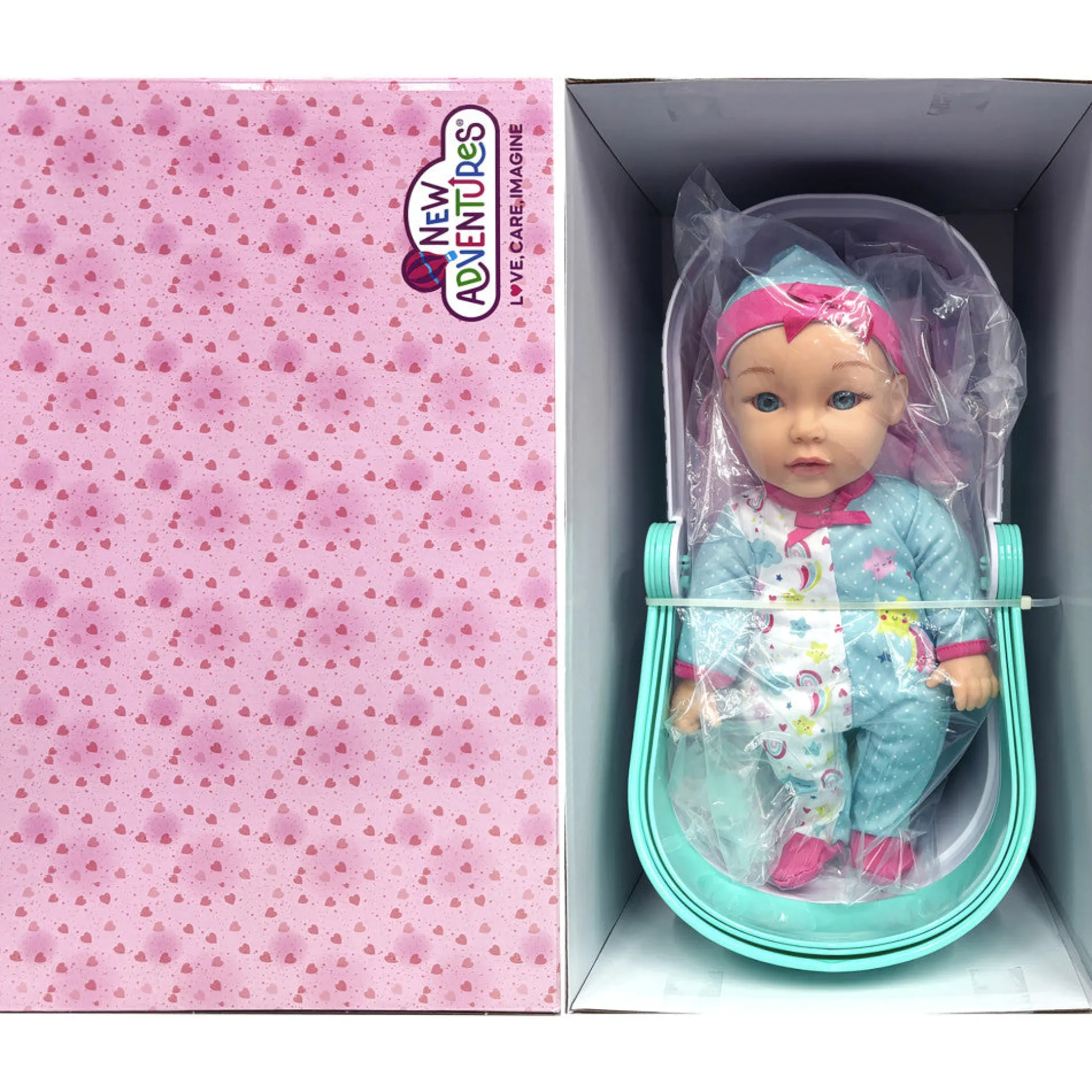 Little Darlings 12-Inch Bassinet Baby Doll Set - Teal, Pink, Stars