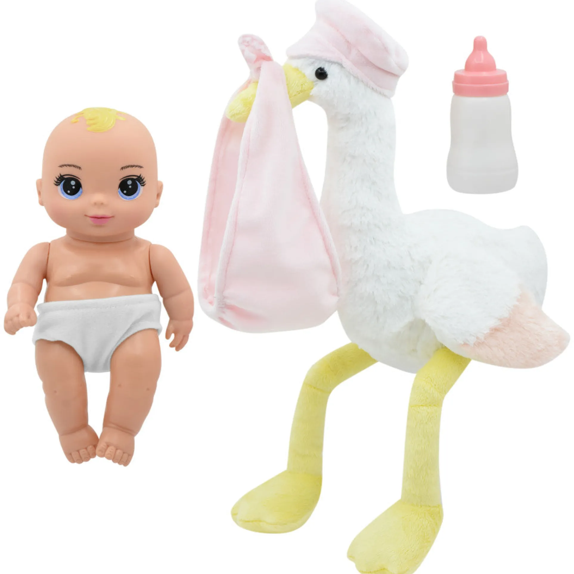 Magic Nursery 8-inch Special Delivery Set - Posable Newborn Baby Doll with Plush Stork, Pink
