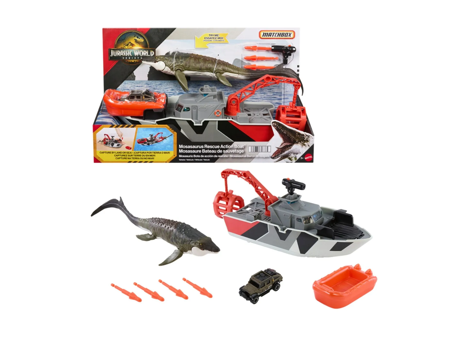 Matchbox Jurassic World 1:64 Mosasaurus Rescue Boat Playset