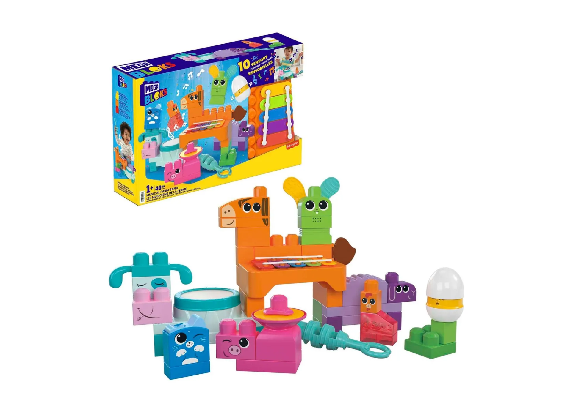 Mega Bloks Fisher-Price Musical Farm Band - Sensory Block Set for Toddlers, 45 Pieces