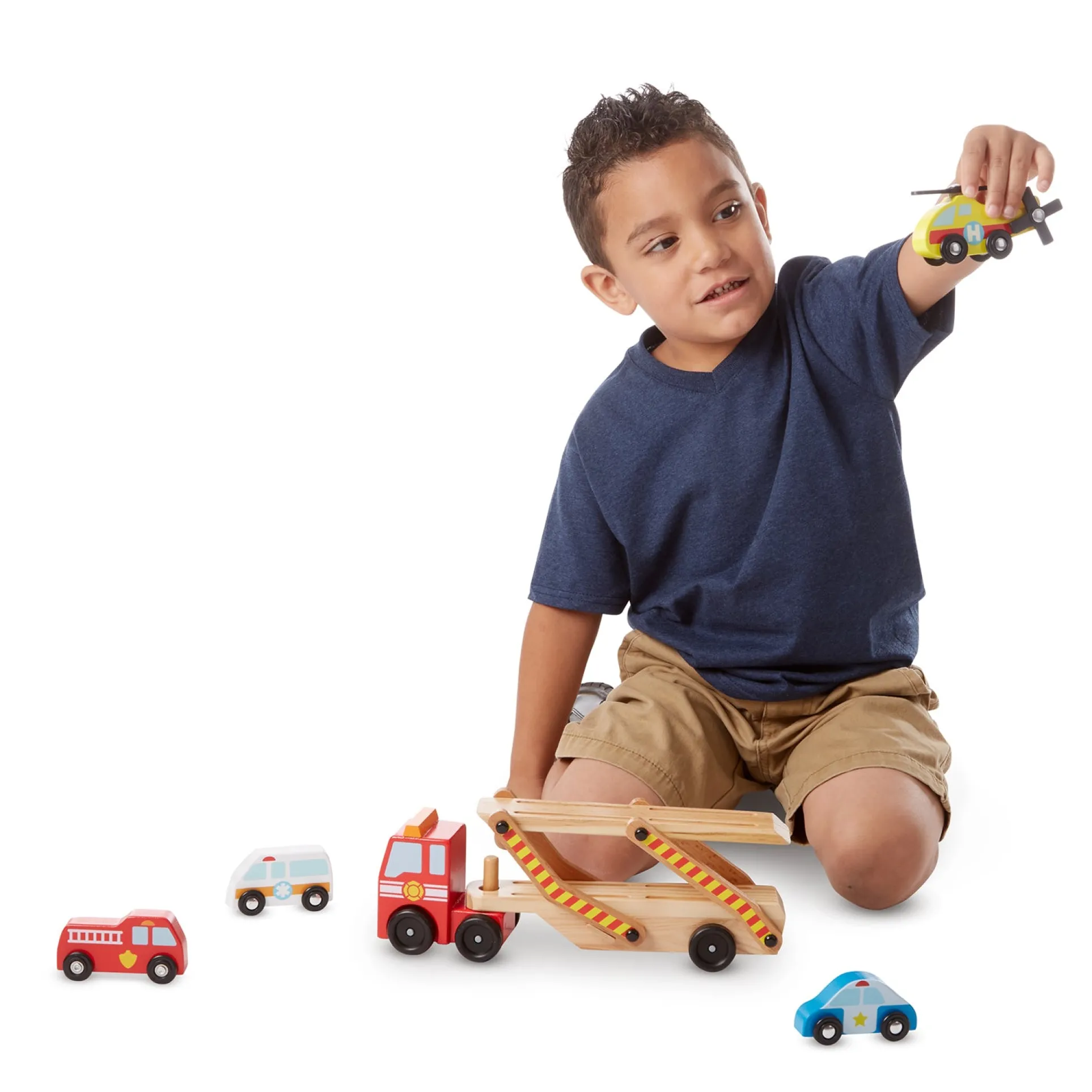 Melissa & Doug Wooden Emergency Vehicle Carrier Set