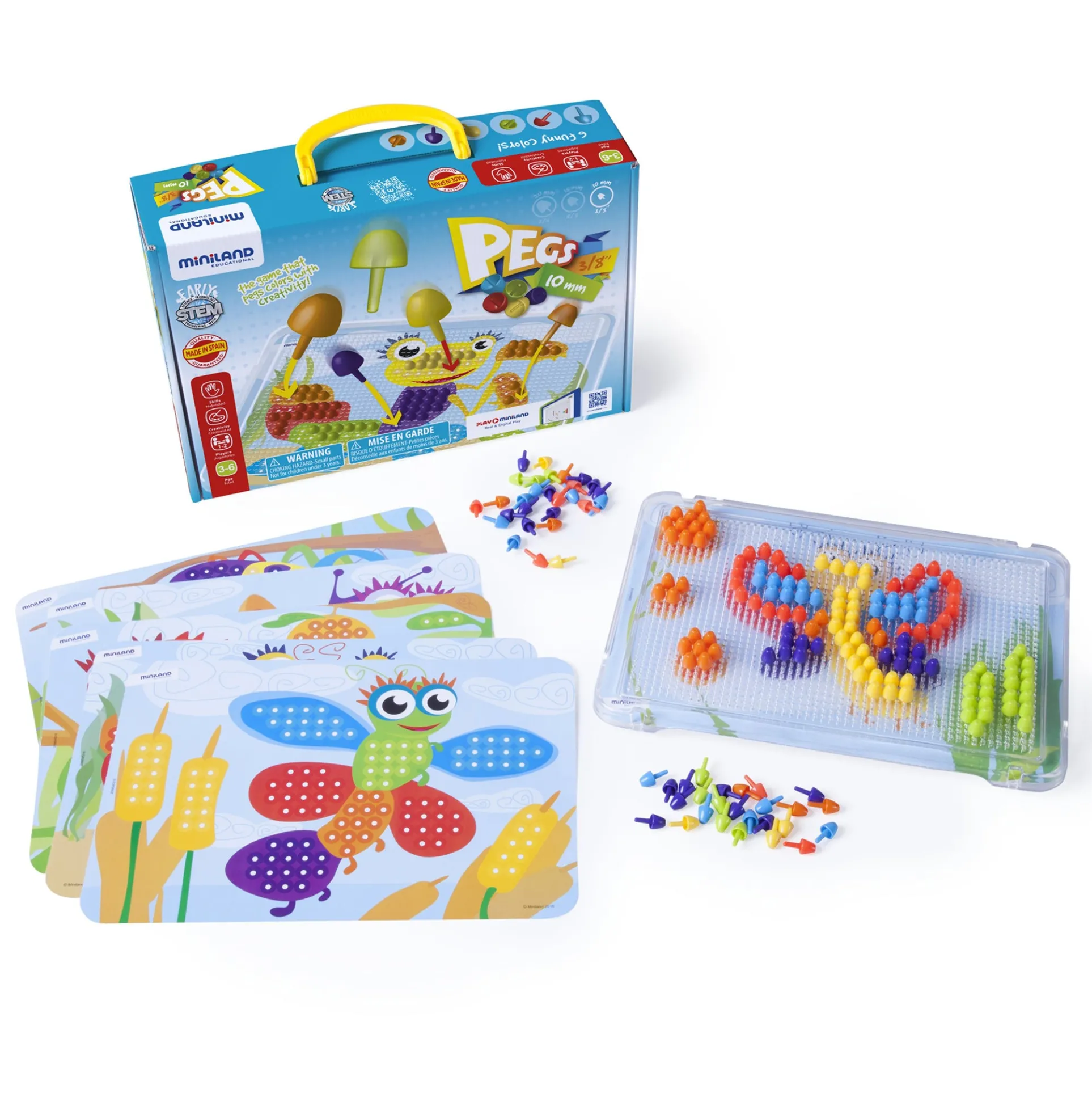 Miniland Educational Pegs Set - 3/8" Pegs with 6 Pattern Cards and 180 Pegs