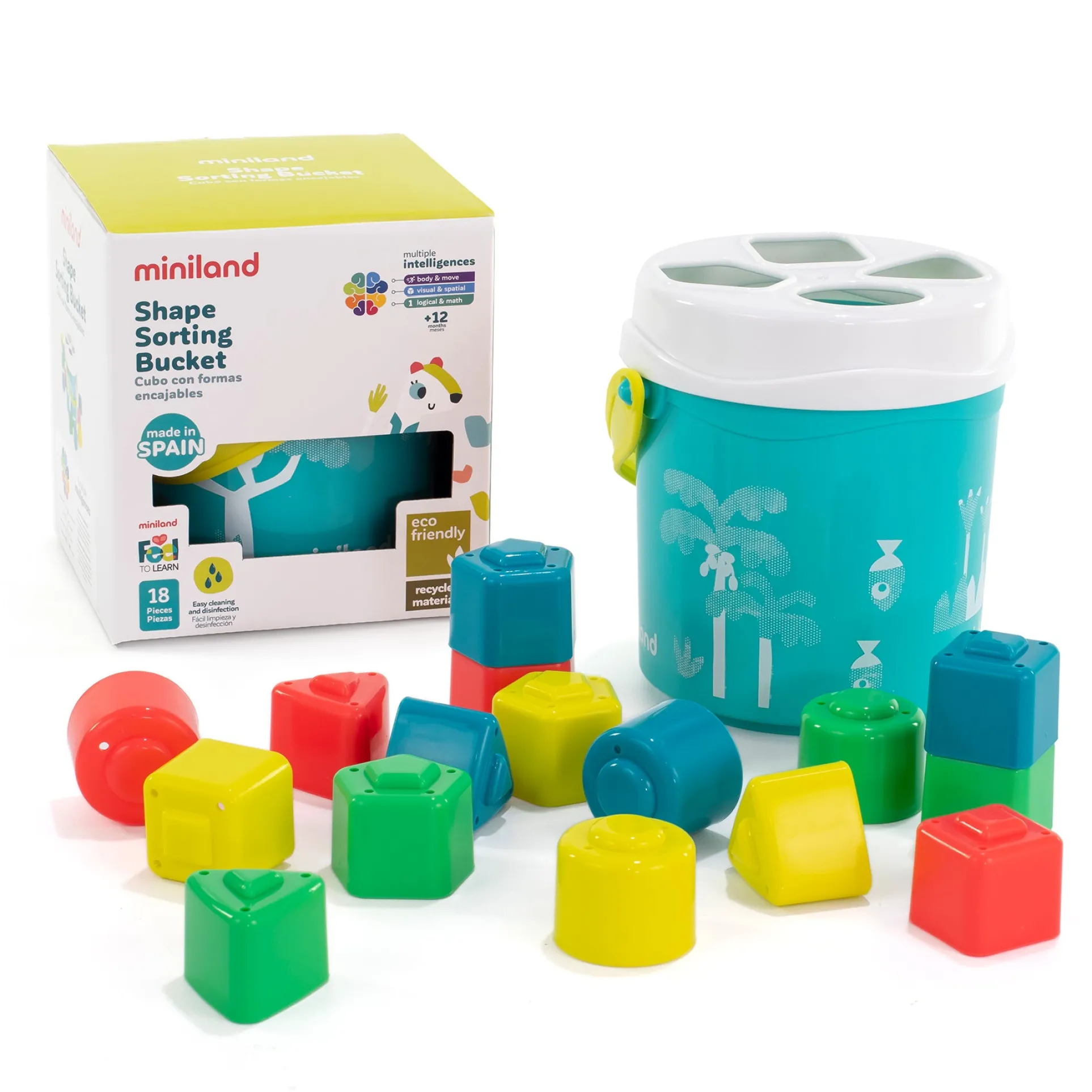 Miniland Feel to Learn - Shape Sorting Bucket - Vibrant Turquoise