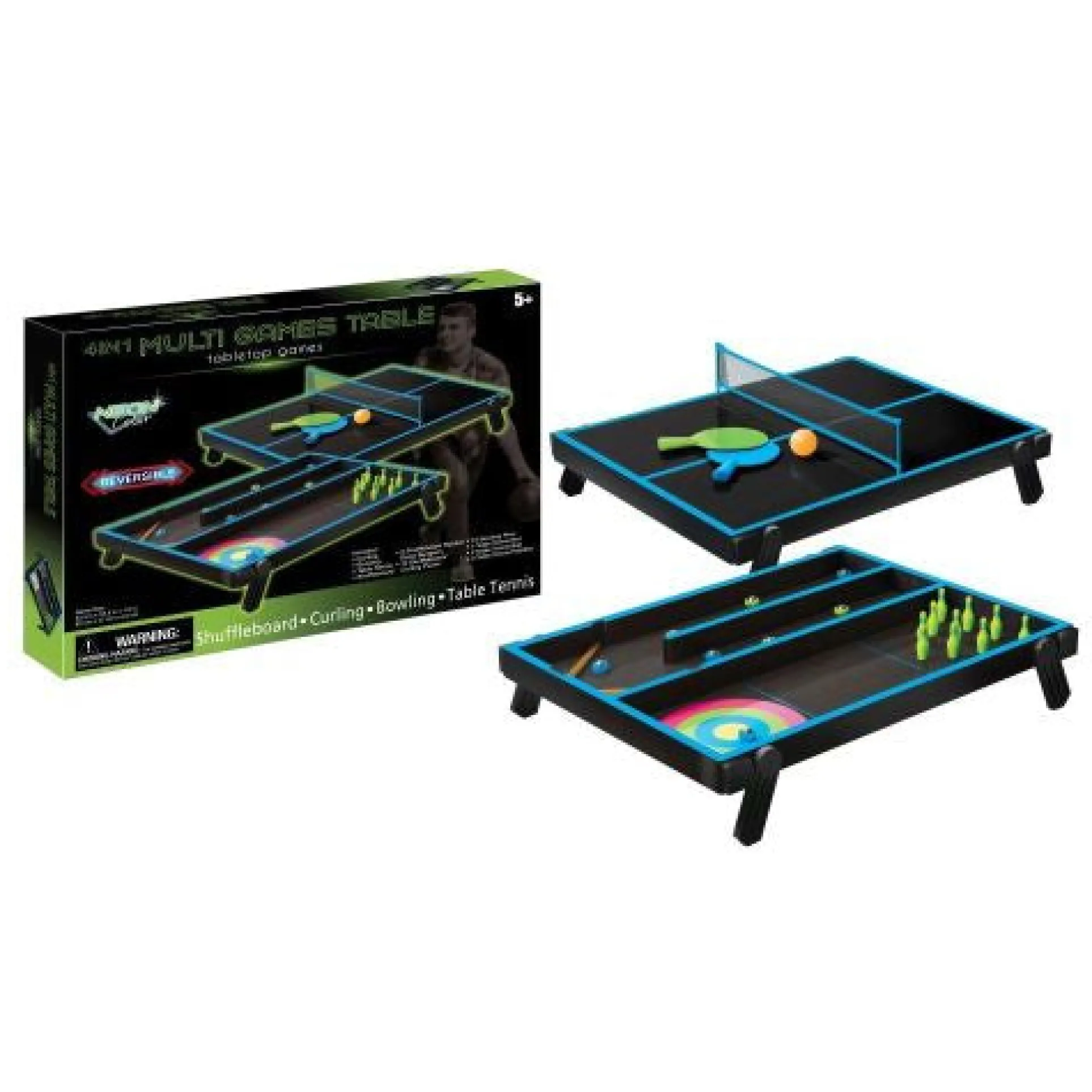 Neon Blast 4-in-1 Tabletop Games Set - Shuffleboard, Curling, Bowling, Table Tennis