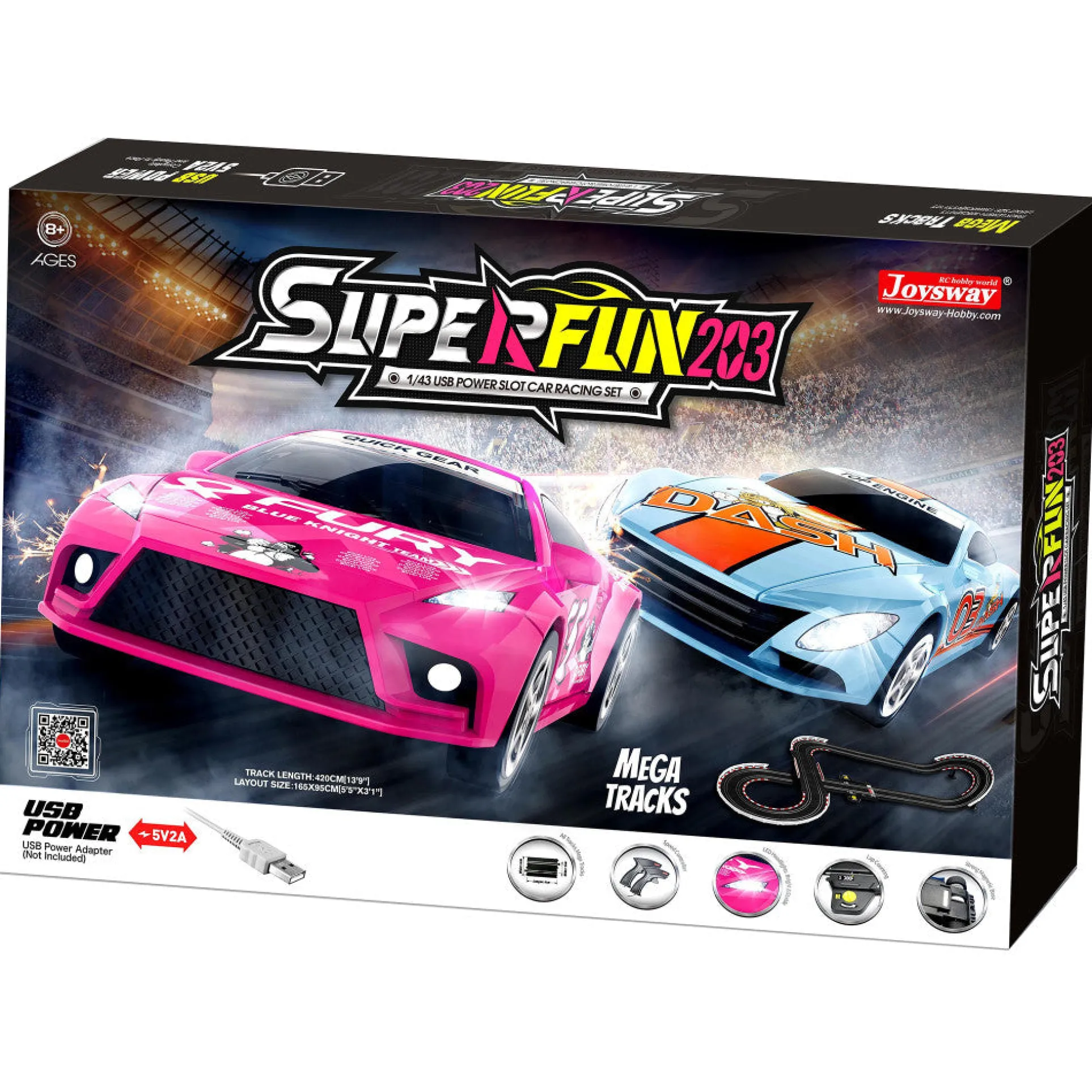 Joysway SuperFun 203 - 1/43 Scale USB-Powered Slot Car Racing Set with LED Headlights and Lap Counter