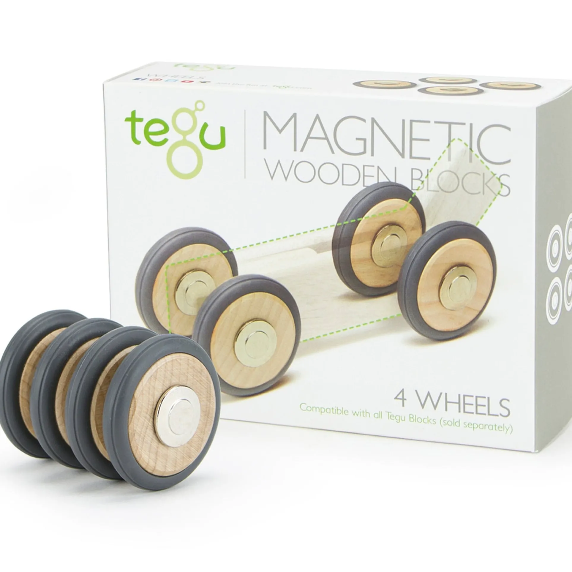 Tegu Magnetic Wooden Blocks, Wheels Accessory Set, 4-Pack