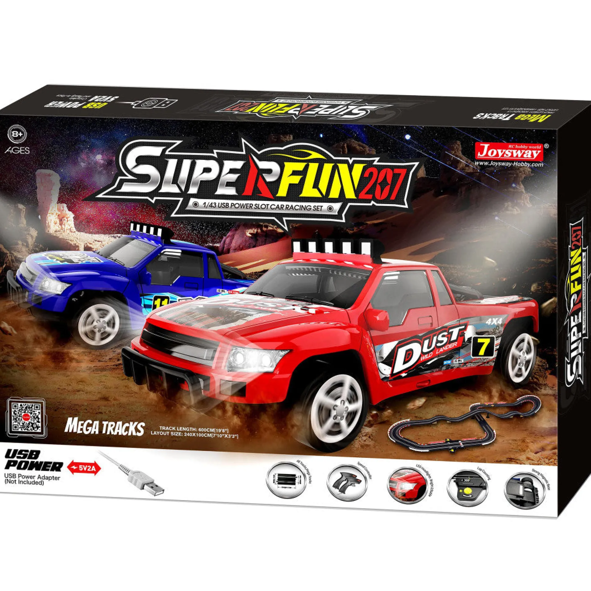 Joysway SuperFun 207 USB-Powered 1:43 Scale Slot Car Racing Set with LED Headlights