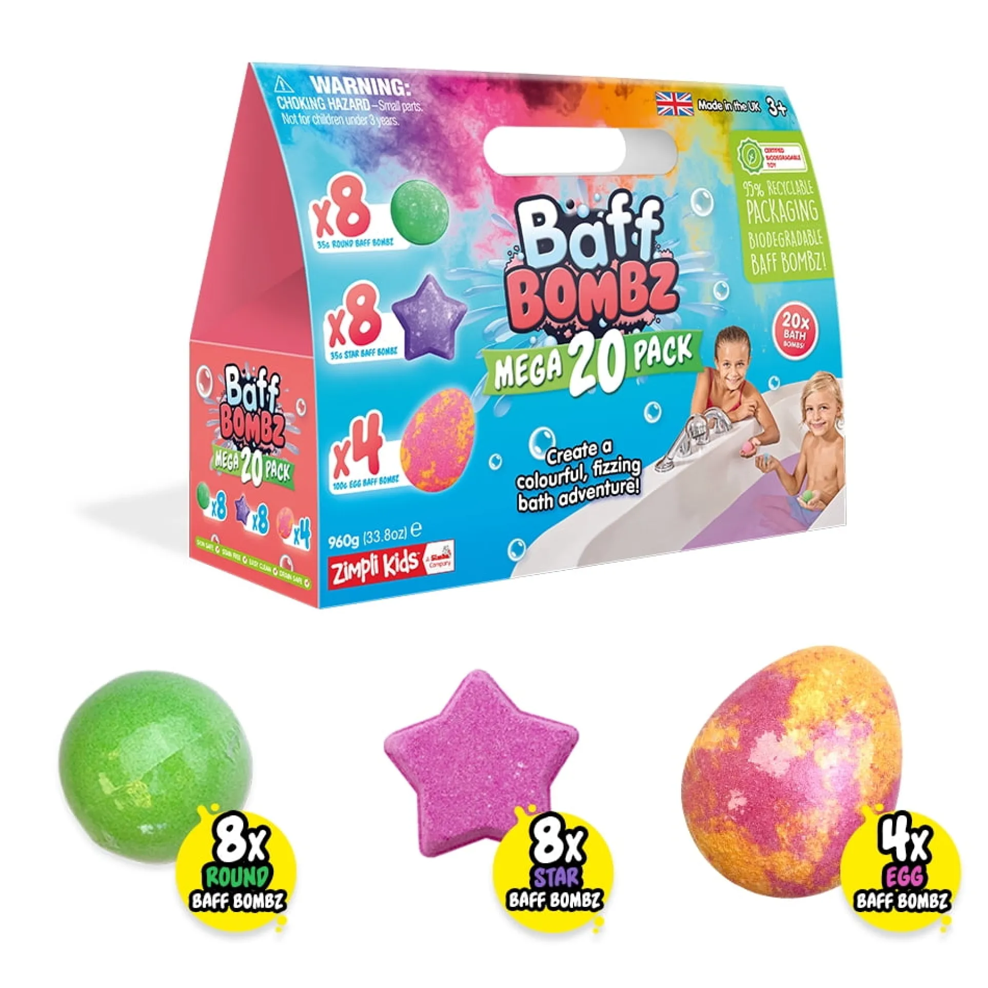 Zimpli Kids 20x Bath Bombs Gift Set: Fizzing & Colorful Bath Adventure